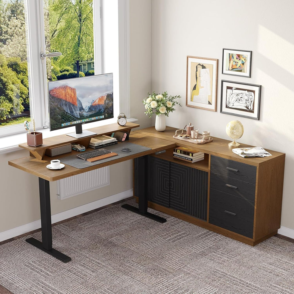 ONBRILL Home Office Furniture Set, 63'' Standing Desk with 55'' File Cabinet, Electric Height Adjustable Executive Workstation with Monitor Stand for Home Office Oak Brown