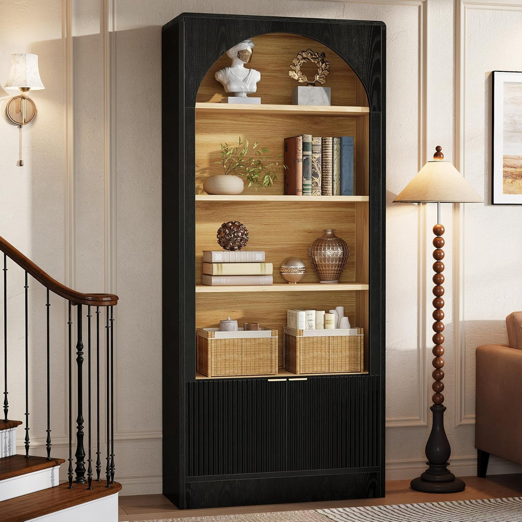 Tribesigns 71" Tall Arched Bookcase, 5-Tier Black Bookshelf with Storage Cabinet, Modern Freestanding Wooden Bookshelves Open Display for Living Room, Home Office, Study