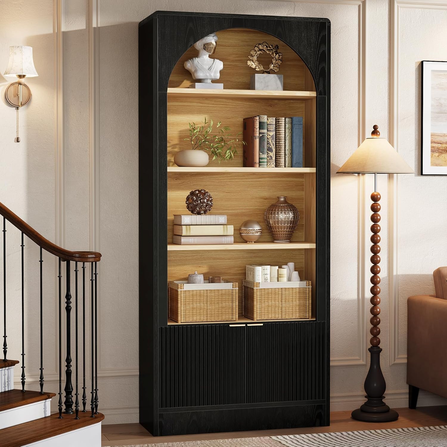Tribesigns 71" Tall Arched Bookcase, 5-Tier Black Bookshelf with Storage Cabinet, Modern Freestanding Wooden Bookshelves Open Display for Living Room, Home Office, Study
