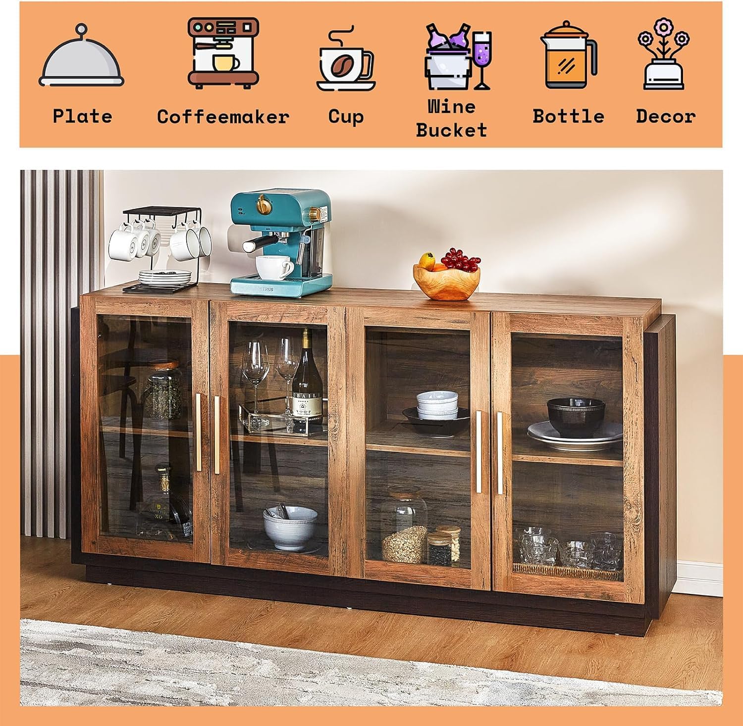 AMERLIFE Sideboard Buffet Cabinet, Mixed Color Accent Cabinet with LED Lights, Modern Glass Doors Storage Cabinets with Adjustable Shelf, Console Table for Dining, Living Room, Barnwood&Brown