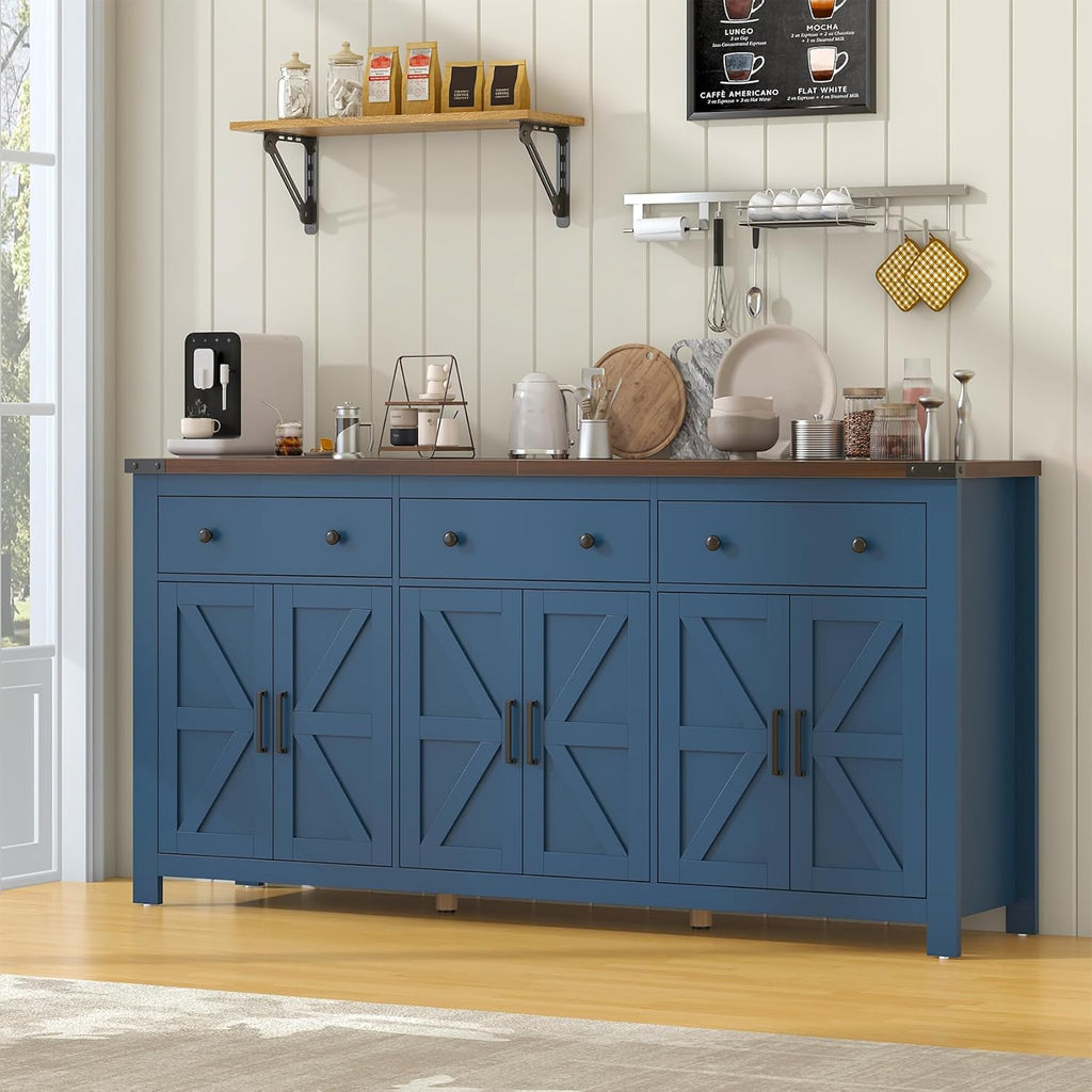 VVFLU 71" Large Sideboard Buffet Cabinet with Storage, Modern Farmhouse Coffee Bar with 3 Drawers and 6 Barn Doors, Dining Room Storage Cabinet, for Kitchen, Living Room, White Wood, Blue Wood