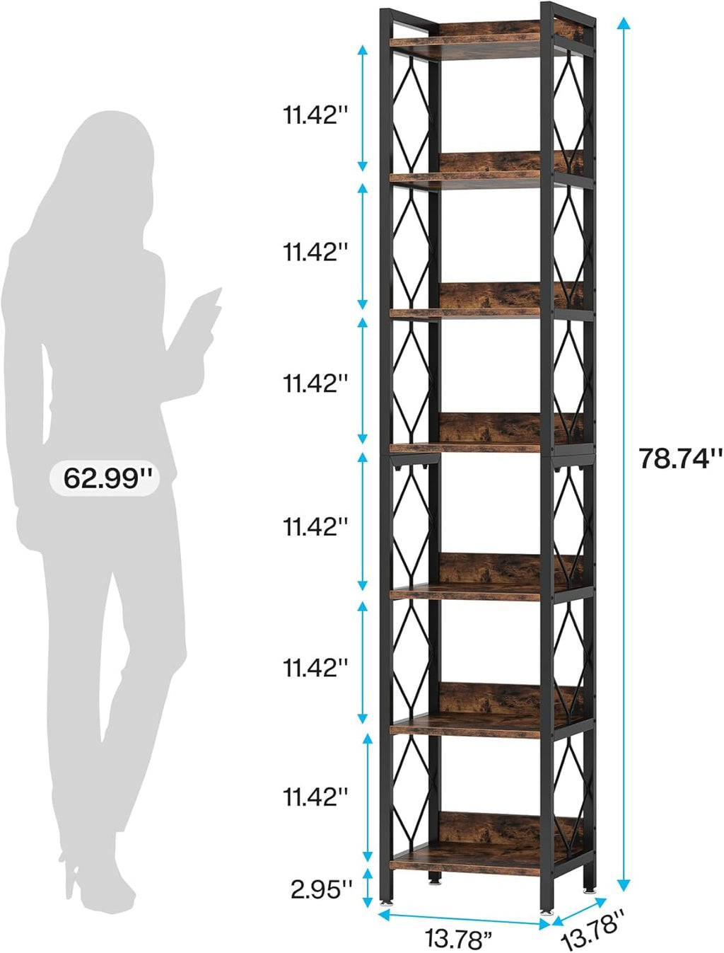 Tribesigns 78.7 Inch Extra Tall Narrow Bookshelf, 7 Tier Skinny Bookcase for Small Spaces, Freestanding Display Shelves, Multifunctional Corner Storage Organizer for Home Office, Rustic Brown