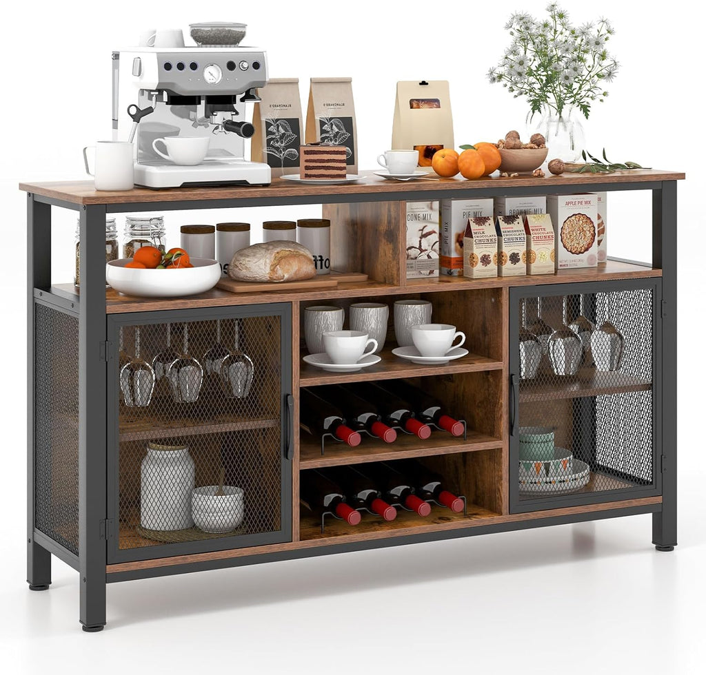 Giantex Coffee Bar Cabinet for Liquor and Glasses, 55' Buffet Sideboard with 8-Bottle Wine Racks, 6 Rows of Wine Glass Holders, Mesh Doors, Bar Cabinet for Kitchen, Dining Room, Living Room (Brown)