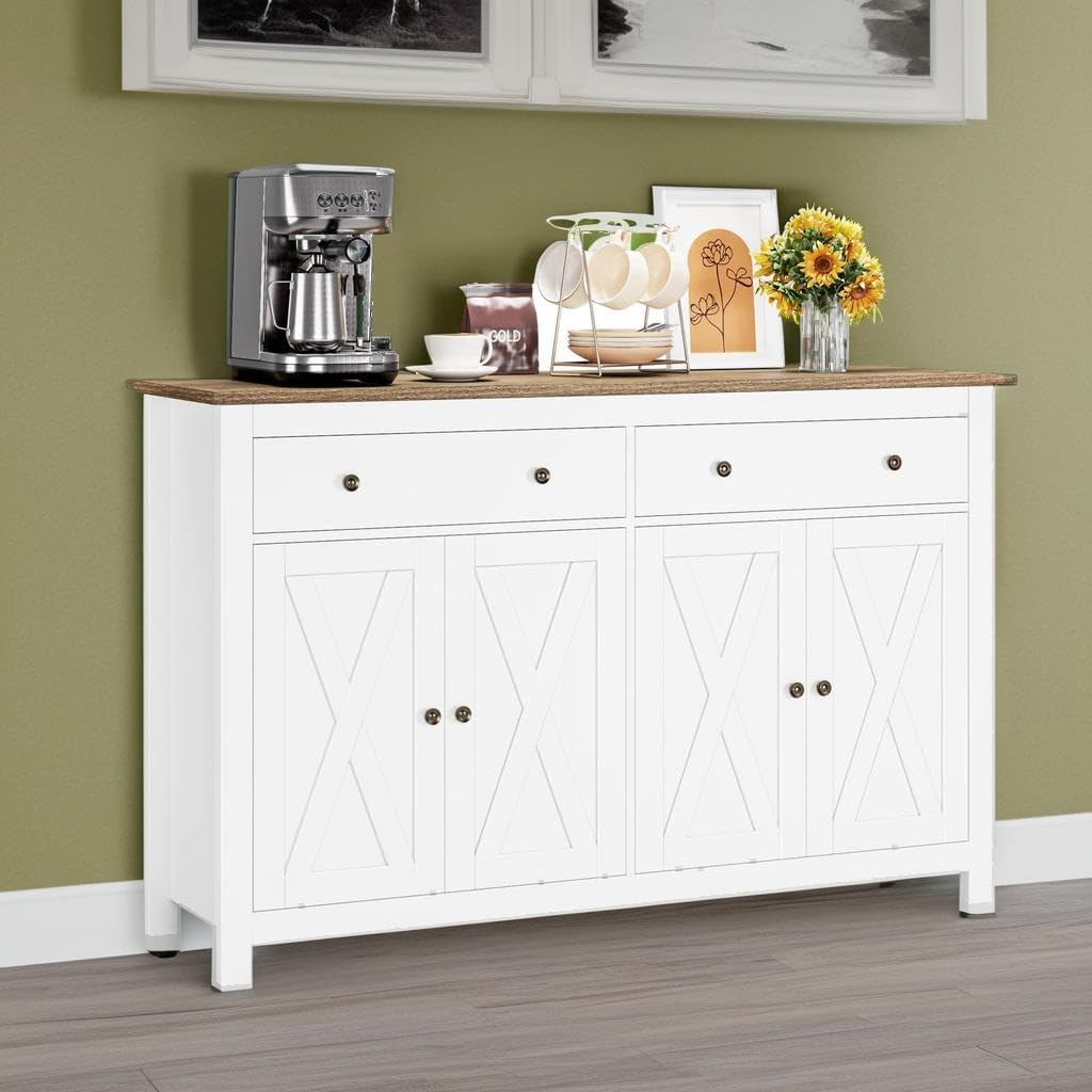 FOTOSOK Sideboard Buffet Cabinet with Storage, 55" Large Kitchen Storage Cabinet with 2 Drawers and 4 Doors, Wood Coffee Bar Buffet Table Console Table for Kitchen Dining Room, White