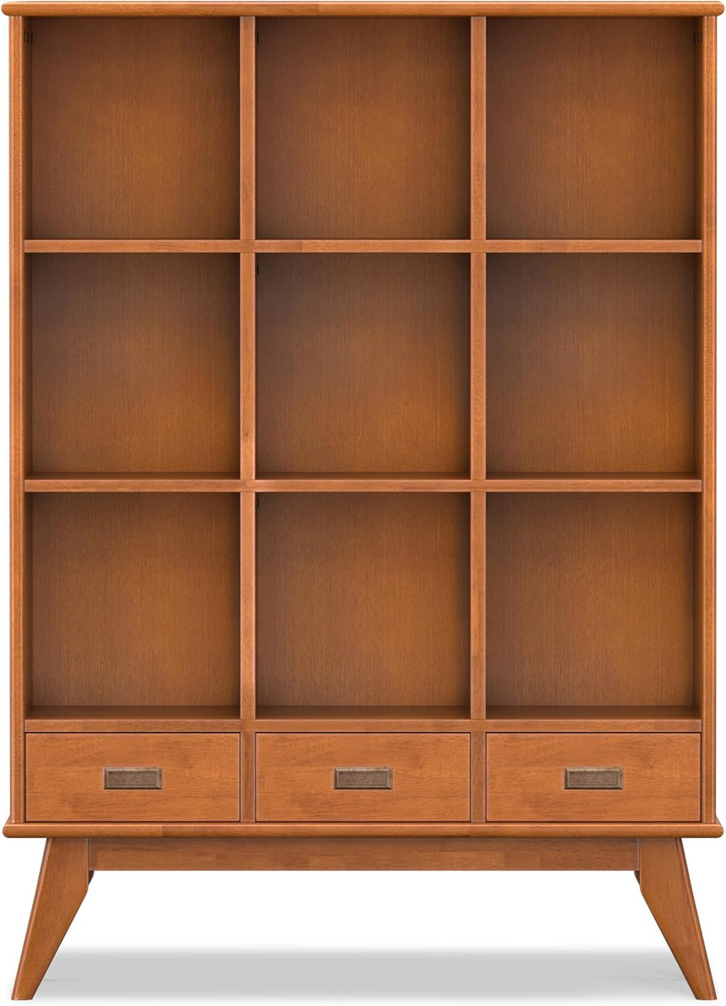 SIMPLIHOME Draper Bookcase - 58 inch Tall 9-Cube Solid Hardwood Cube Organizer with Drawers in Teak Brown, Mid-Century Storage for Living Room, Entryway or Bedroom with Cubbies and Angled Legs