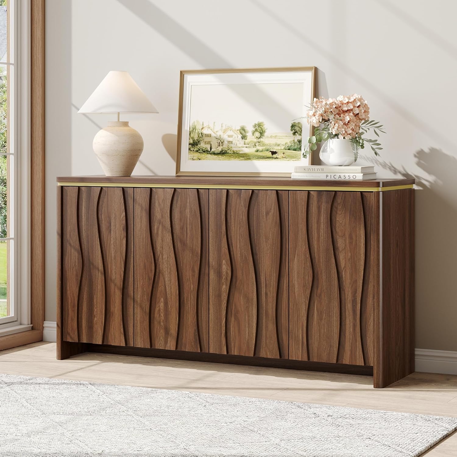 Vabches Fluted Buffet Cabinet with Storage, 3D Ripple Pattern Doors and Curved Edges, Modern Sideboard for Kitchen, Entryway, 4 Doors & Adjustable Shelf, Walnut, 57.9" W