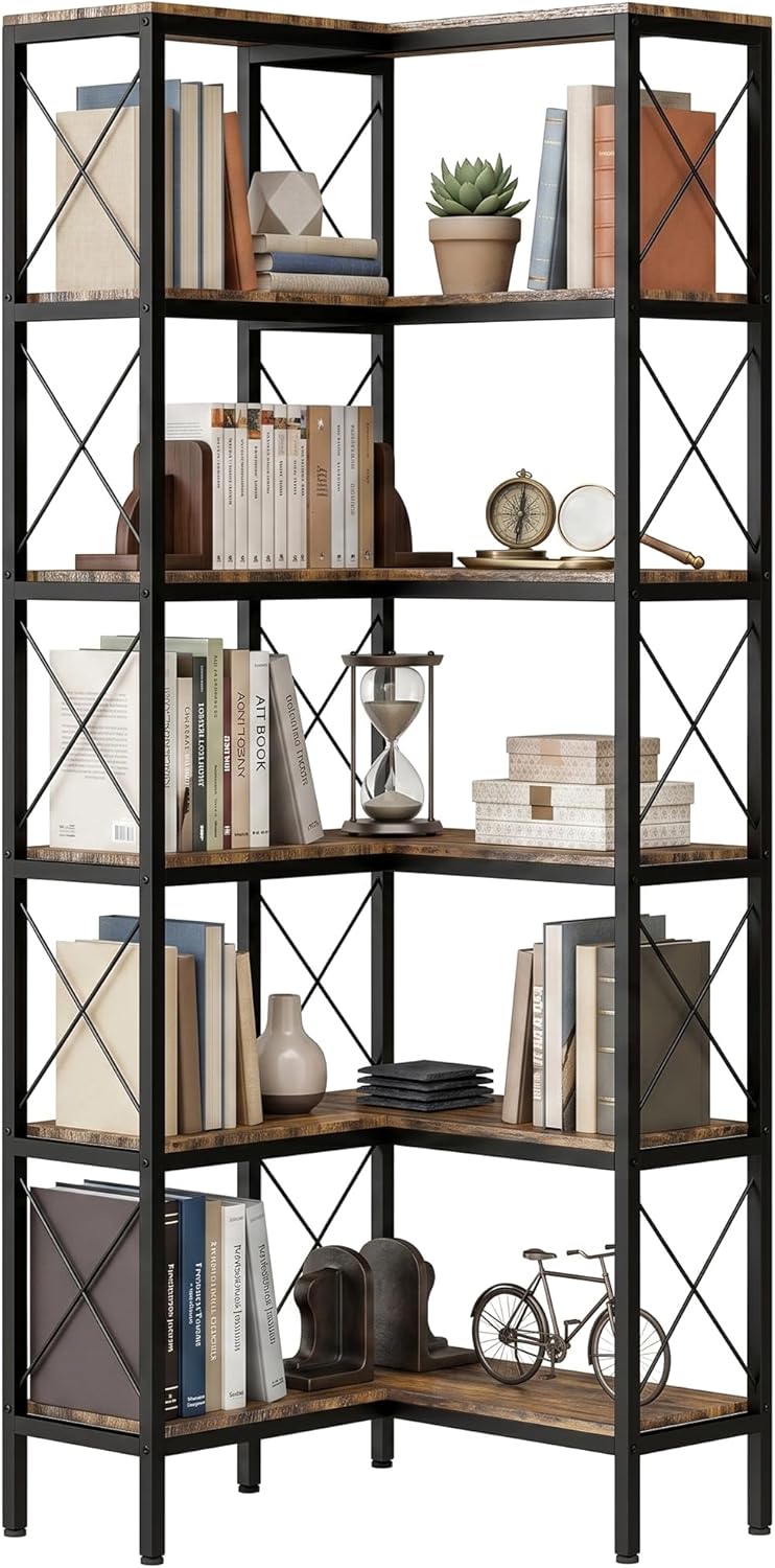 HOMCOM 5-Tier L-Shaped Bookshelf, Corner Bookcase, Modern Freestanding Display Shelf Unit for Home Office, Living Room, Rustic Brown