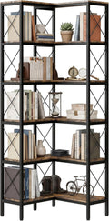 HOMCOM 5-Tier L-Shaped Bookshelf, Corner Bookcase, Modern Freestanding Display Shelf Unit for Home Office, Living Room, Rustic Brown