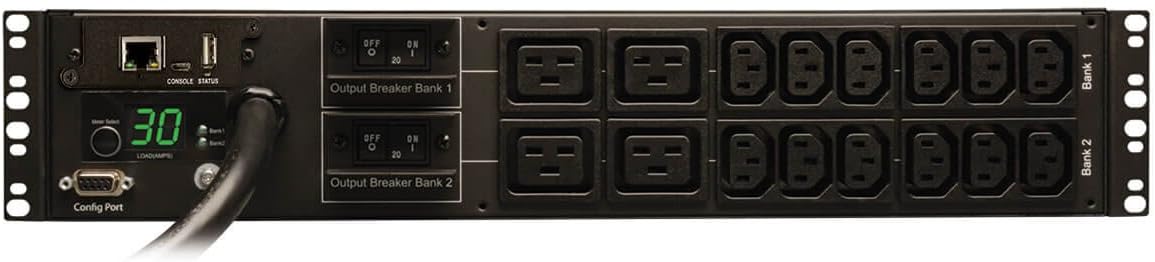 Tripp Lite Monitored PDU, 30A, 16 Outlets (12-C13 and 4-C19), 208/240V, L6-30P, 12 ft. Cord, 2U Rack-Mount Power (PDUMNH30HV),Black
