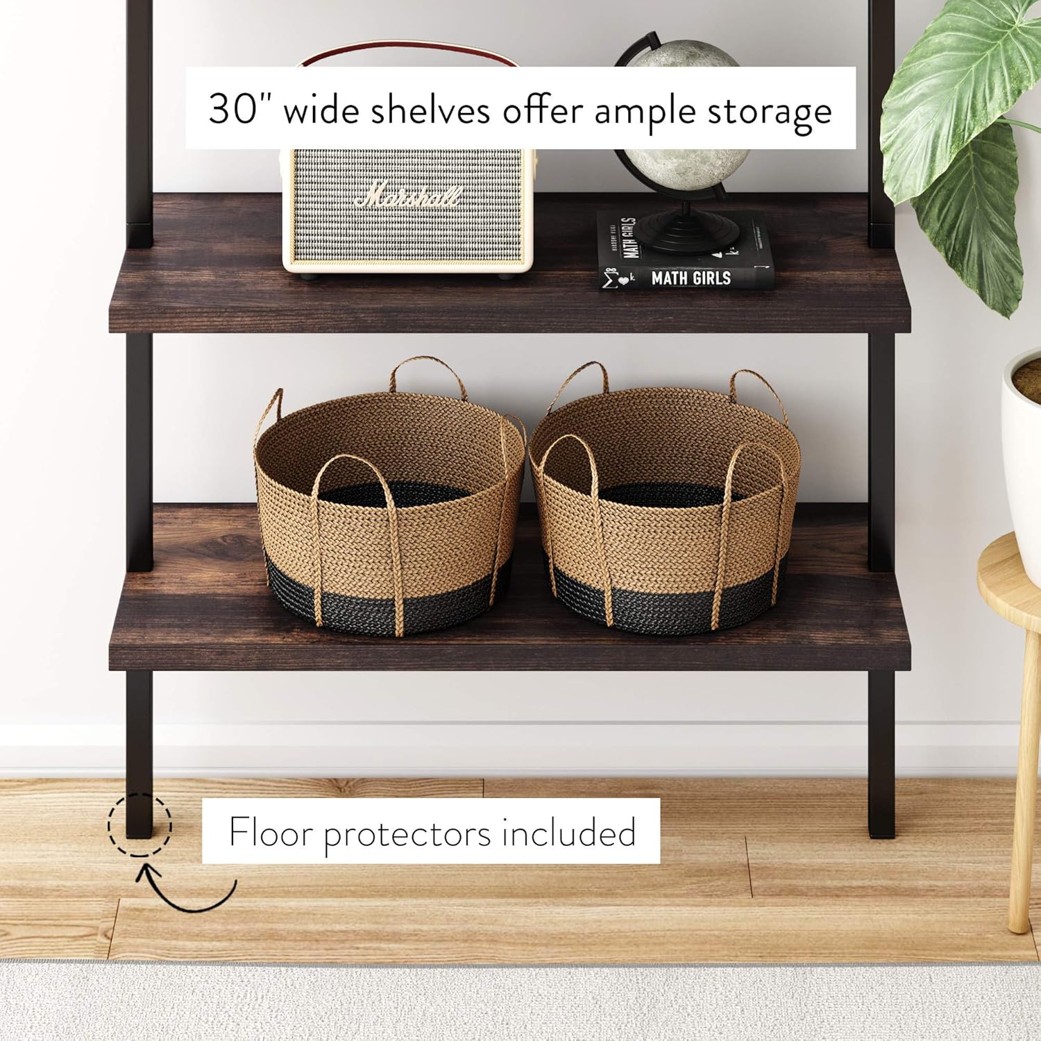 Nathan James Theo 6-Shelf Tall Bookcase, Wall Mount Bookshelf with Natural Wood Finish and Industrial Metal Frame, Nutmeg/Matte Black, Set of 4
