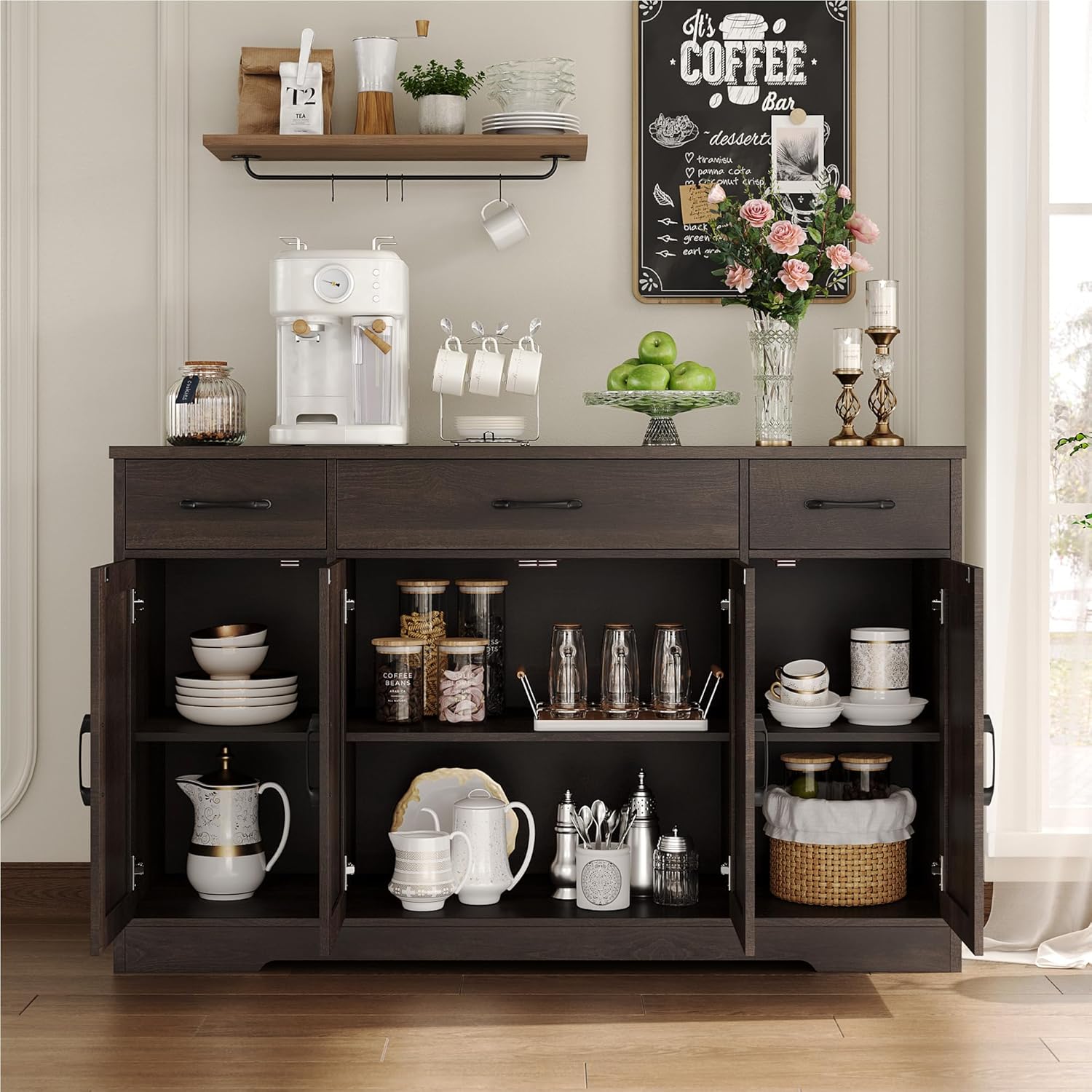 HOSTACK Buffet Cabinet with Drawers, 55" Large Sideboard Buffet Storage Cabinet with Shelves and Doors, Modern Farmhouse Coffee Bar Station Wood Kitchen Table for Kitchen, Dining Room, Dark Brown
