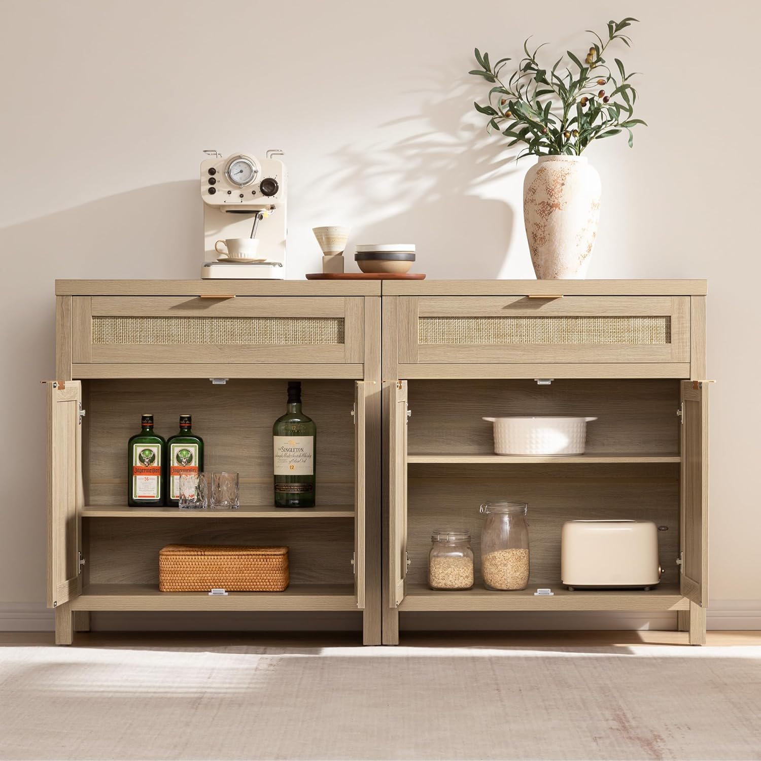 SICOTAS Sideboard Buffet Storage Cabinet Set of 2, Rattan Credenza Buffet Table, Boho Console Accent Cabinet with Doors and Drawer, Coffee Bar Cabinets for Kitchen Entryway Living Room, Natural