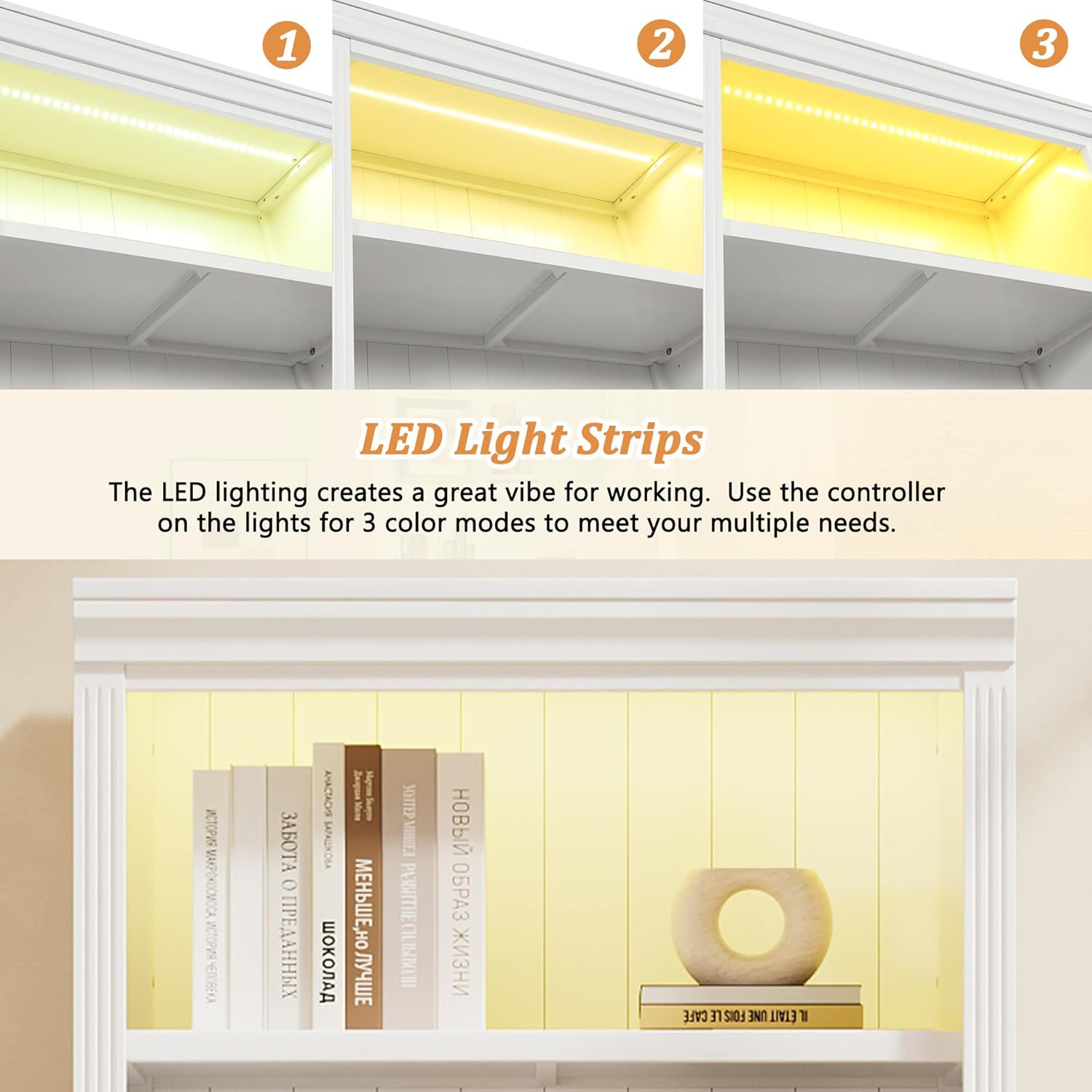 Merax 83.4" Tall Bookcase,Modern 5-Tier Decorative Bookshelf 2-Piece Set with Extra LED Light Strip & Adjustable Shelves,Storage Cabinet with Open Display for Home Office,Living Room,Kitchen,White