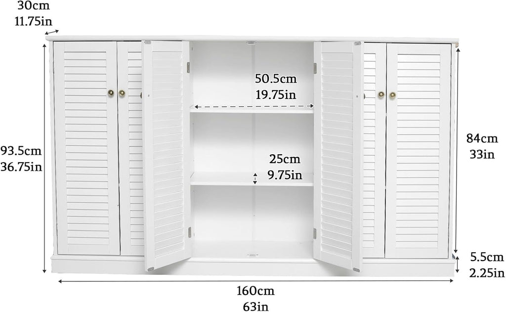 Farmhouse Sideboard Buffet Cabinet Storage, 63" W with 6 Shutter Door for Kitchen & Living Room Storage Cabinet, Wood Coffee Bar, White