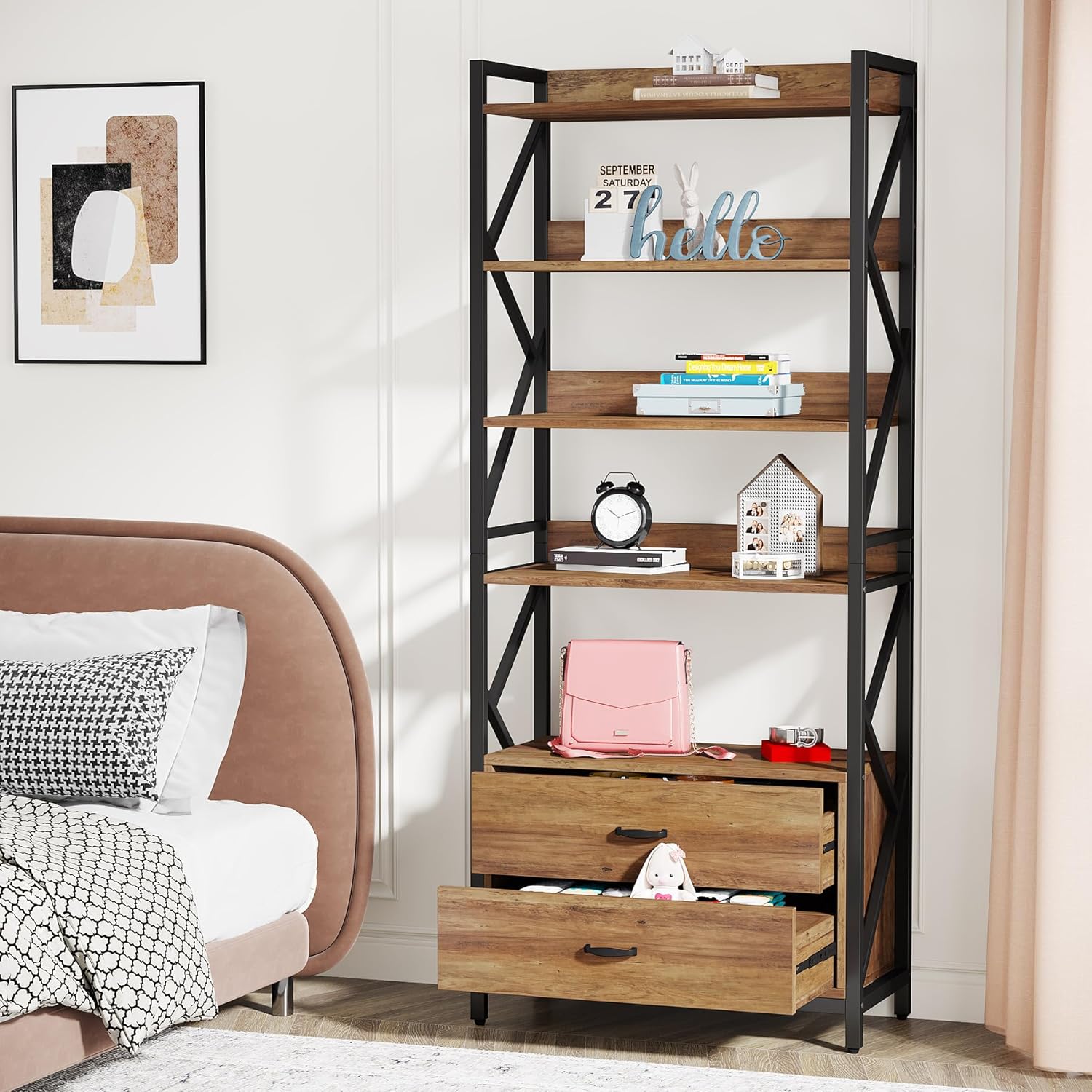 Tribesigns Bookshelf with Drawers, 70.8" Industrial Bookcase with 2 Drawers, 5 Shelf Open Shelf for Storage, Wood Book Shelf for Living Room, Bedroom, Home, Office (1, Rustic Brown)