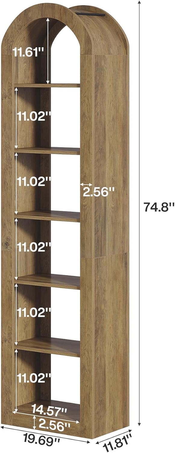 Tribesigns 74.8" Tall Arched Bookshelf, 6-Tier Narrow Open Bookcase, Floor Standing Corner Display Shelves Storage Organizer for Small Space, Home Office, Living Room (Rustic Brown, 1 PC)