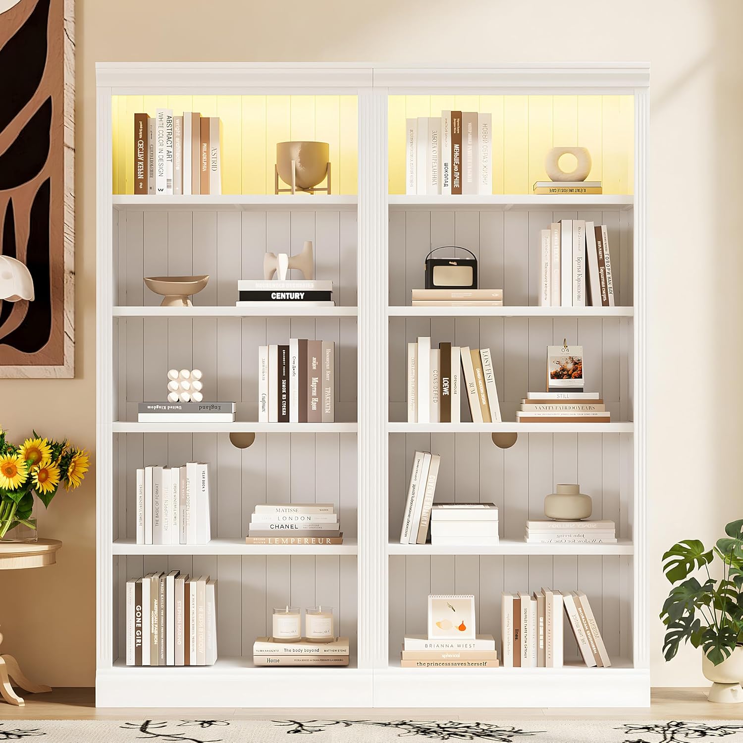 Merax 83.4" Tall Bookcase,Modern 5-Tier Decorative Bookshelf 2-Piece Set with Extra LED Light Strip & Adjustable Shelves,Storage Cabinet with Open Display for Home Office,Living Room,Kitchen,White