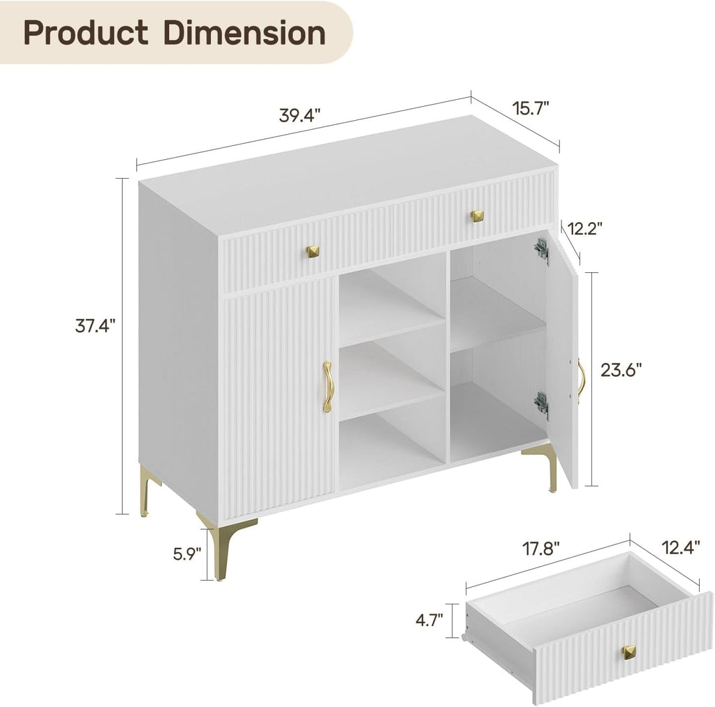 Sideboard Buffet Cabinet with Adjustable Shelves, Modern Storage Cabinet with Drawers and Doors, White Kitchen Buffet for Dining Room, Living Room, Entryway, 39.4 Inch