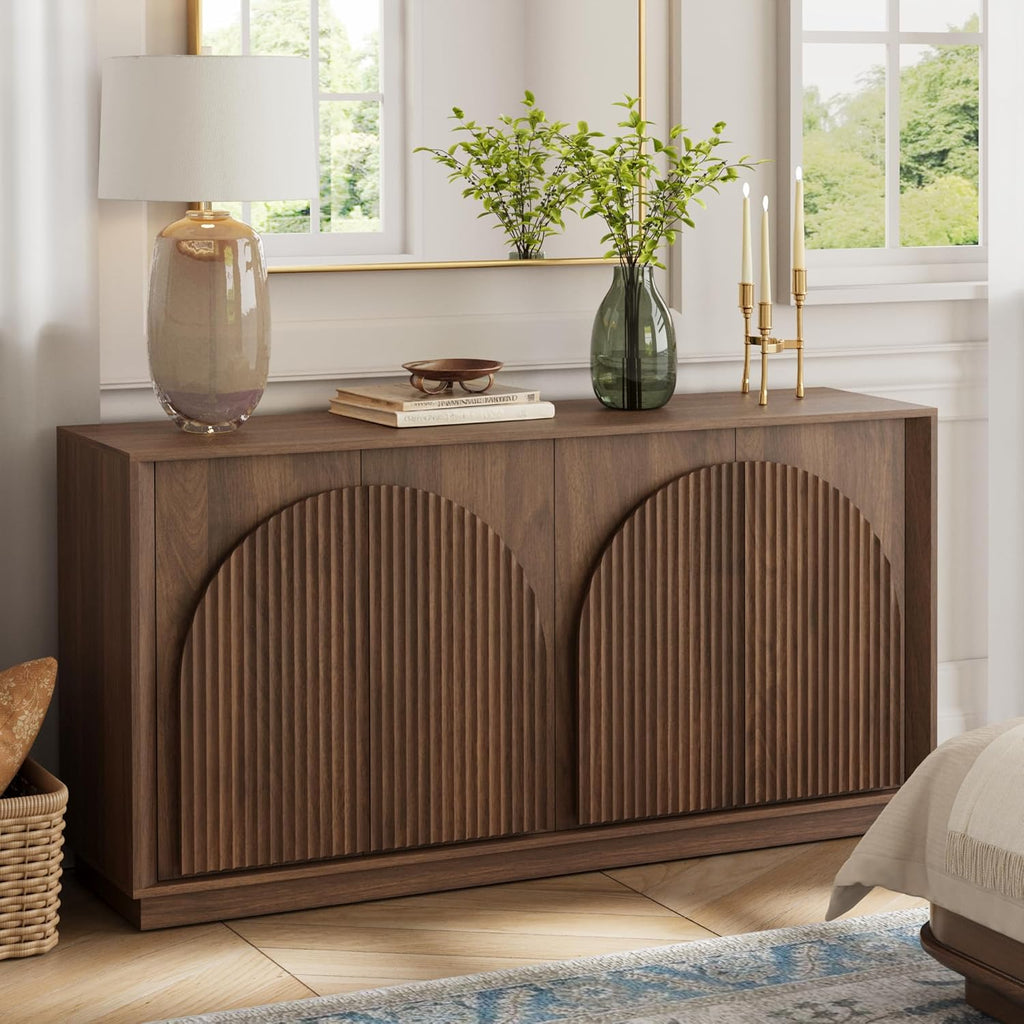 win2win Fluted Sideboard Buffet Cabinet with Storage, 65" Mid Century Modern Accent Cabinet with Double-Layered Arch Doors,Wood Media TV Console Table Credenza for Living Room Hallway Entryway,Walnut