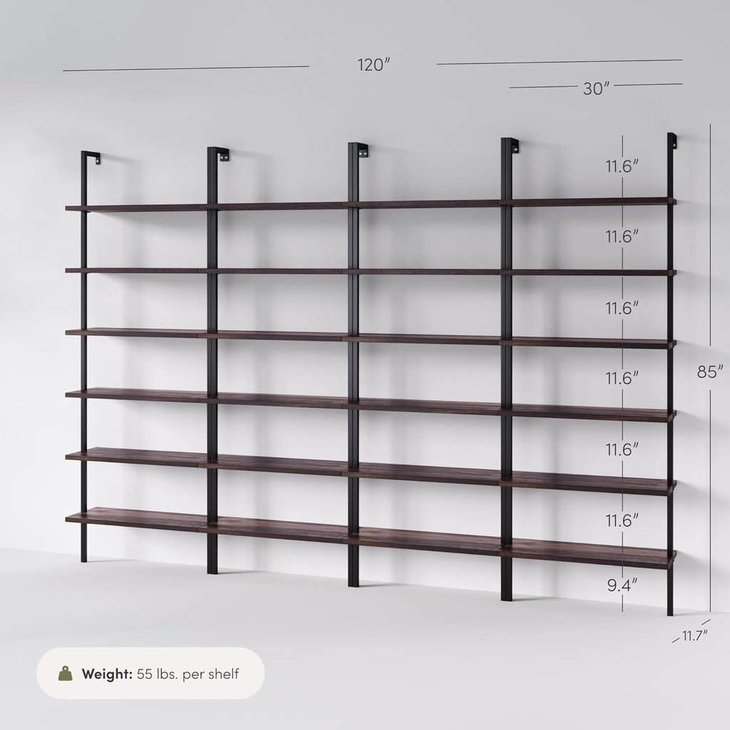 Nathan James Theo 6-Shelf Tall Bookcase, Wall Mount Bookshelf with Natural Wood Finish and Industrial Metal Frame, Nutmeg/Matte Black, Set of 4