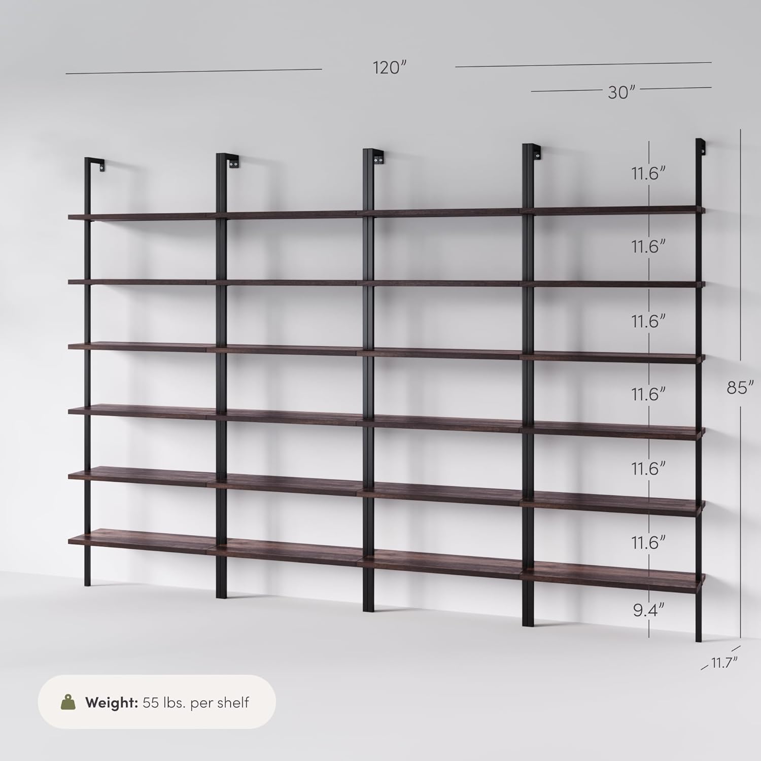 Nathan James Theo 6-Shelf Tall Bookcase, Wall Mount Bookshelf with Natural Wood Finish and Industrial Metal Frame, Nutmeg/Matte Black, Set of 4