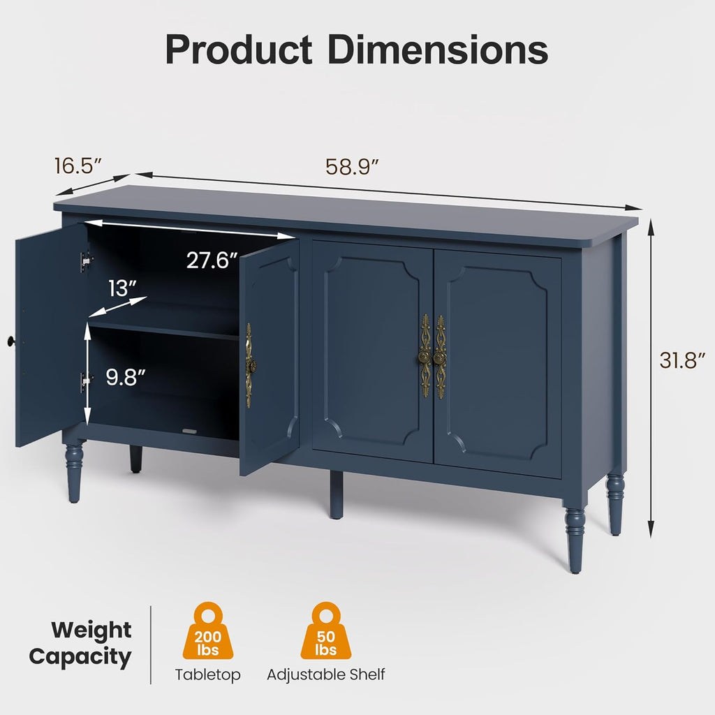RoyalCraft Buffet Cabinet with Storage, Vintage Sideboard with Adjustable Shelves, Mid Century Modern Painted Credenza Coffee Bar for Kitchen, Dining Room, Entryway, Blue, 58.9" W x 16.5" D x 31.8" H