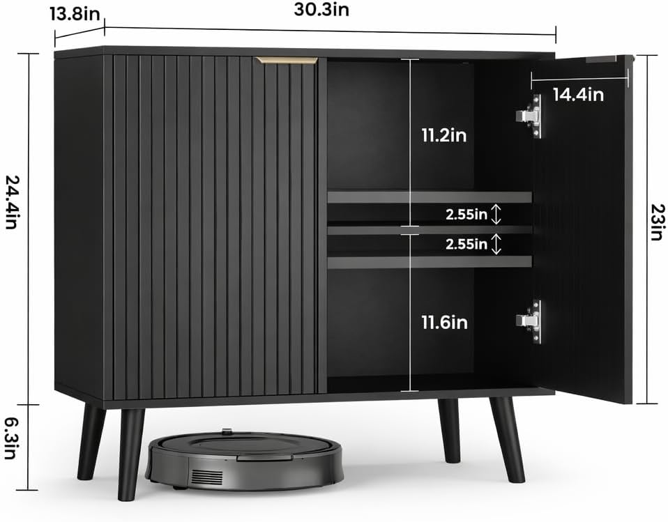 Pamapic Black Fluted Storage Cabinet, Sideboard Buffet with Doors and Shelf, Wooden Console Table & Credenza, Multifunctional Entryway Cabinet for Living Room, Dining Room (Black)