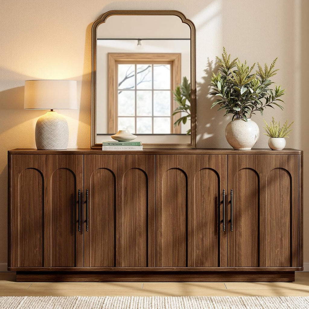 Evermagin 67" Arched Walnut Buffet Cabinet with Storage, Large Credenza with 4 Doors, Wood Mid Century Modern Sideboard for Kitchen and Living Room (67"*31.5"*15.7")