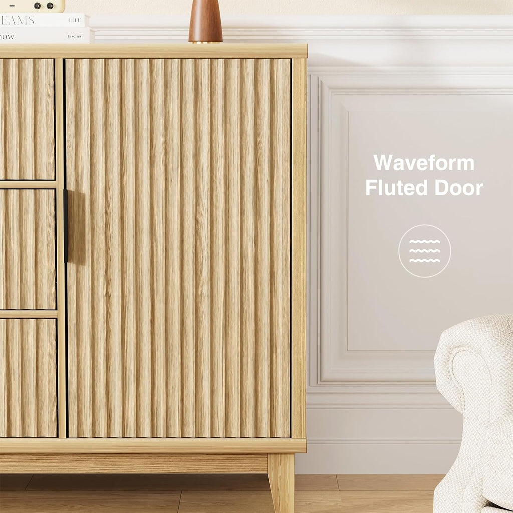 47.2" W Storage Cabinet with 3 Drawers, Fluted Buffet Cabinet with Storage, Large Sideboard Cabinet with 2 Doors, Modern Mid Century TV Stand Coffee Bar Cabinet for Living Room, Kitchen, Entryway