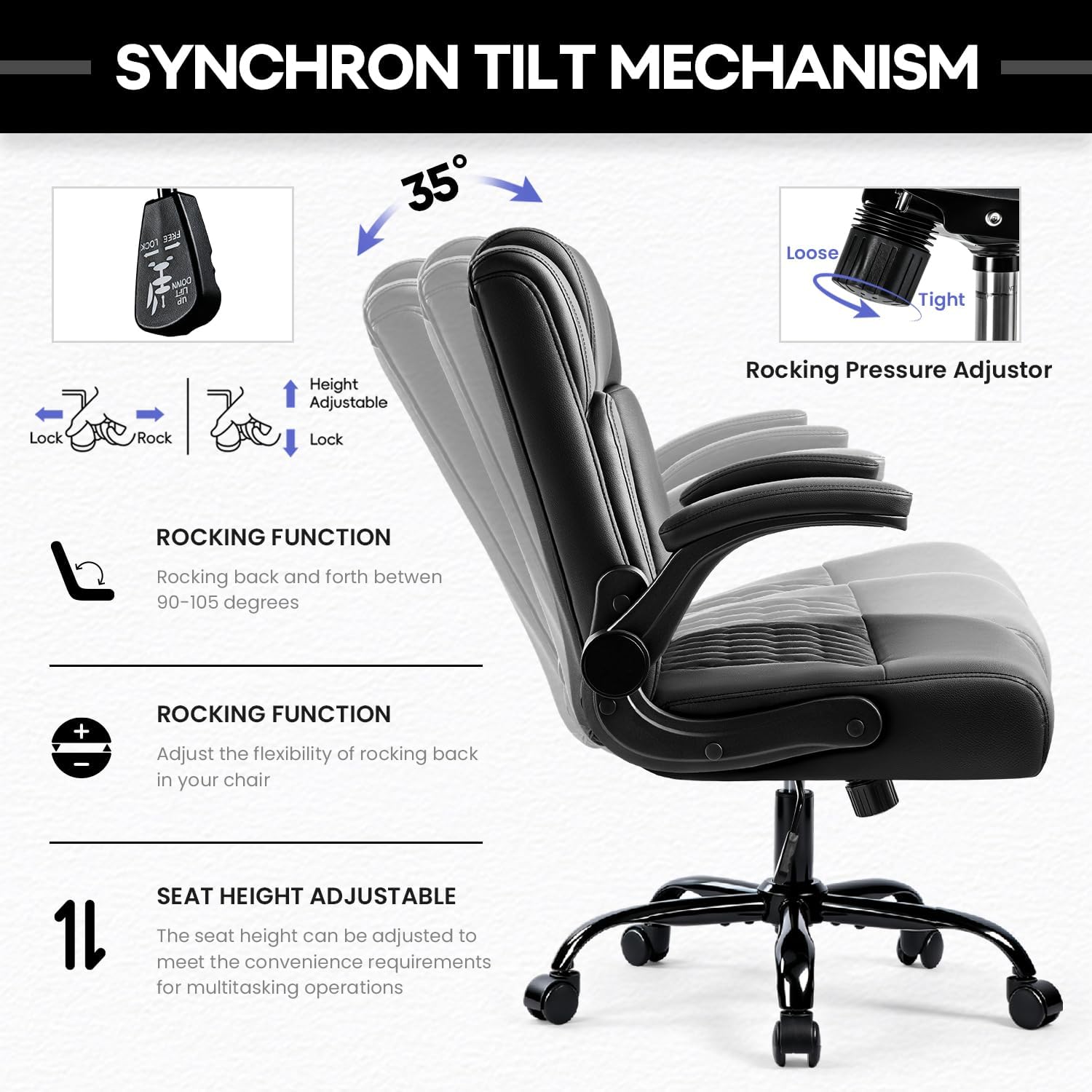 OFIKA Leather Office Desk Chair,Ergonomic Office Chair with Lumbar Support,Computer Chair,Executive Leather Chair with Padded Flip-up Arm,Adjustable Armrests, Black,275LBS