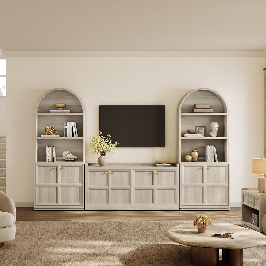 SICOTAS 61.7" Wide 4-Door Buffet Cabinet, Extra Long Sideboard with 2 Separate Bays & Adjustable Shelves, Modern Credenza Storage Cabinet with Gold Handle for Kitchen Living Room, Grey White Oak,1 PCS