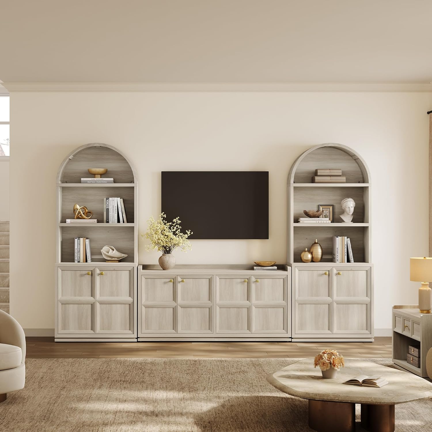 SICOTAS 61.7" Wide 4-Door Buffet Cabinet, Extra Long Sideboard with 2 Separate Bays & Adjustable Shelves, Modern Credenza Storage Cabinet with Gold Handle for Kitchen Living Room, Grey White Oak,1 PCS