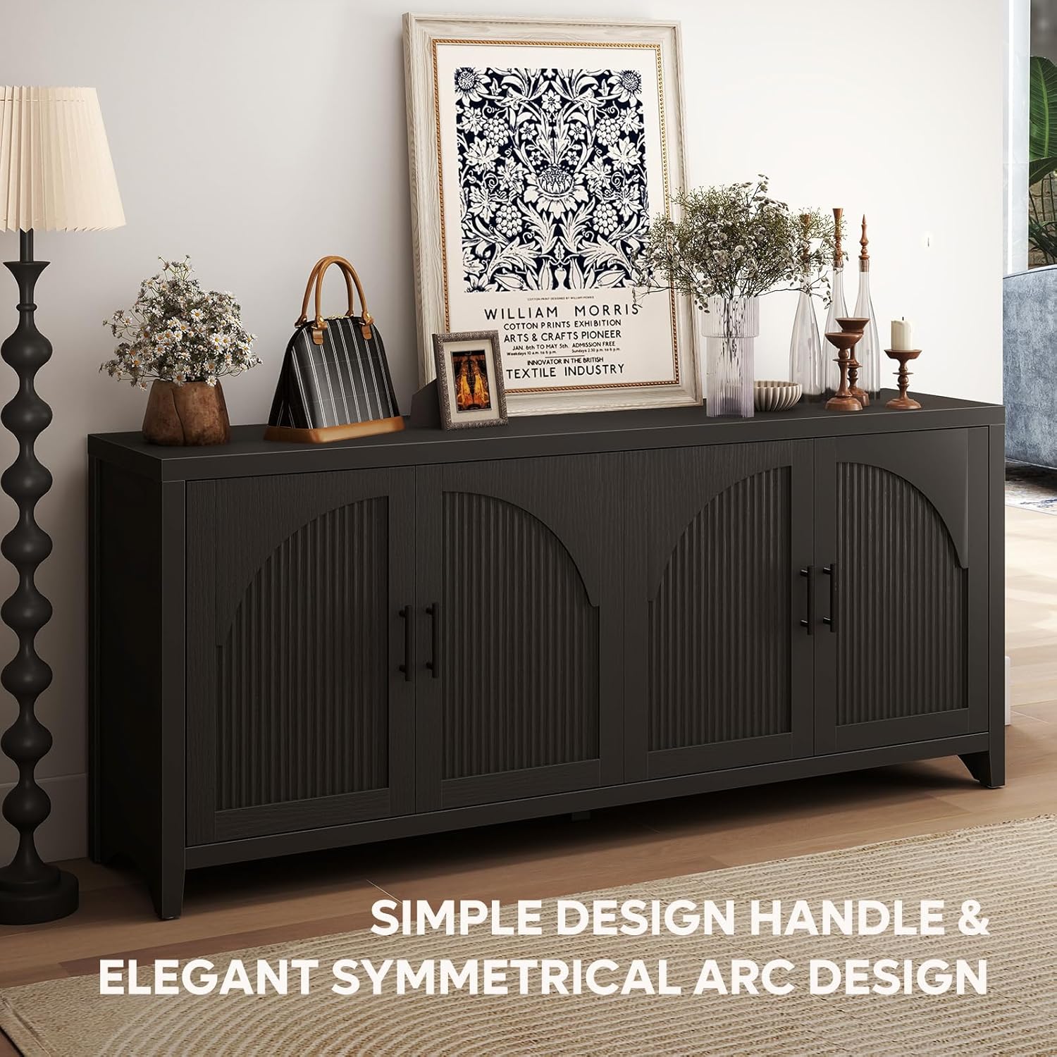 Bestier 70" Sideboard Buffet Cabinet with Storage, Modern Credenza Storage Cabinet, Farmhouse Arch Fluted Doors & Adjustable Shelves,Soild Wood Side Board Long Cabinet for Living Room, Entryway, Black