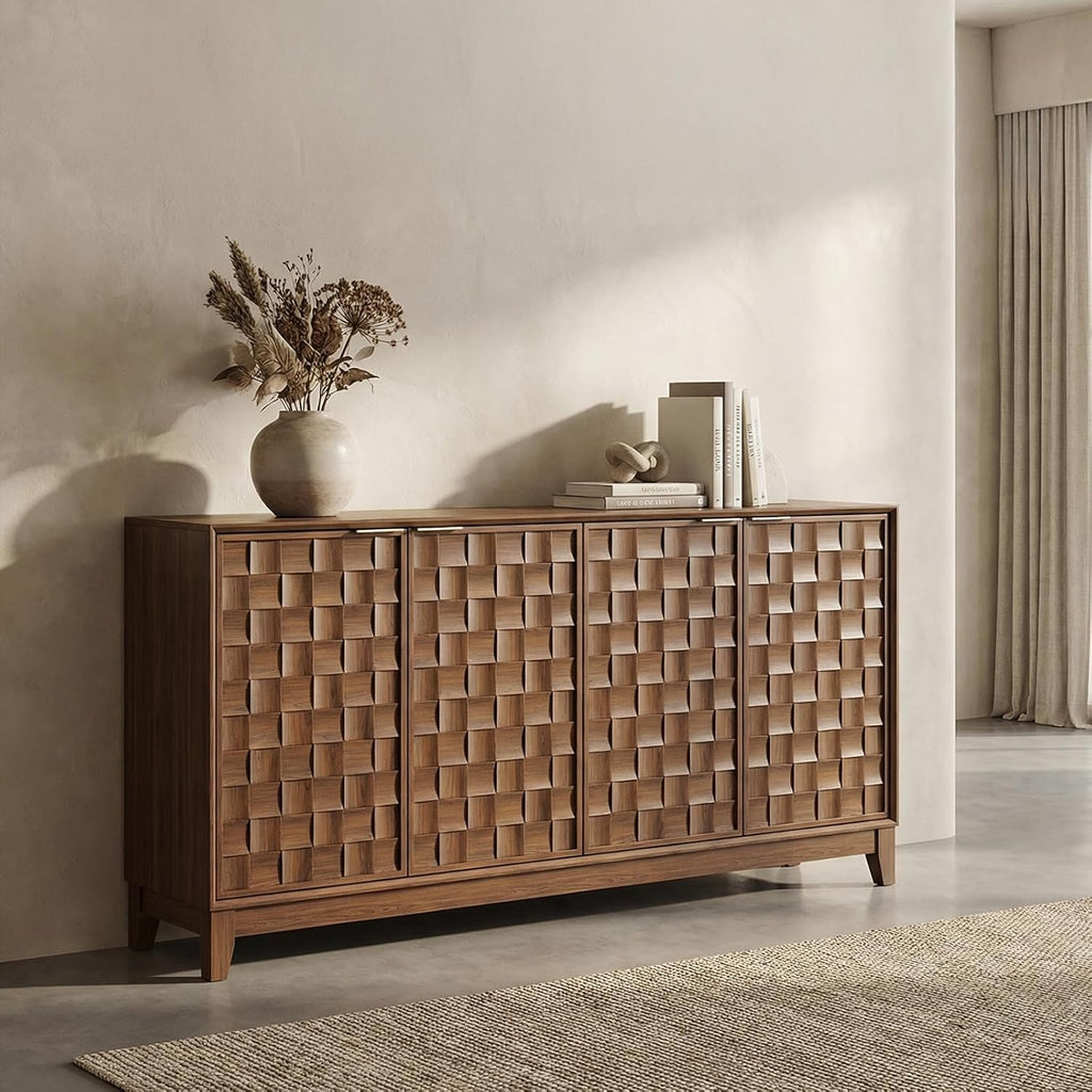 COLAMY 60" Sideboard Buffet Cabinet with Storage, Modern 3D Checkerboard Credenza with 4 Doors & Solid Wood Legs, Large Kitchen Coffee Bar Console Table for Dining Room, Living Room,Walnut Black