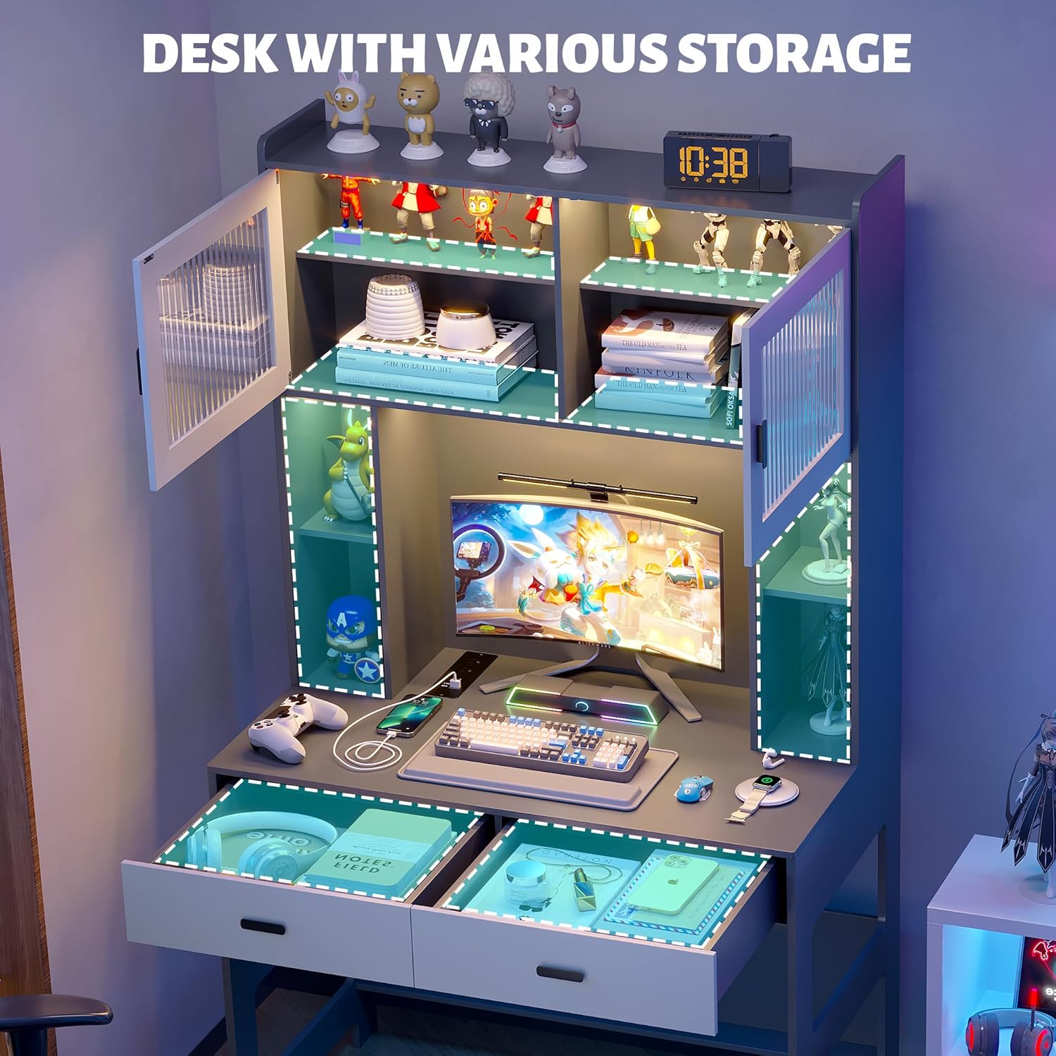 Vlsrka Home Office Desk with Hutch and LED Lights, 40 Inch Modern Study Desk with Power Outlet and Charging Station, Wooden Computer Desk with Storage Drawers & Shelves (Grey)