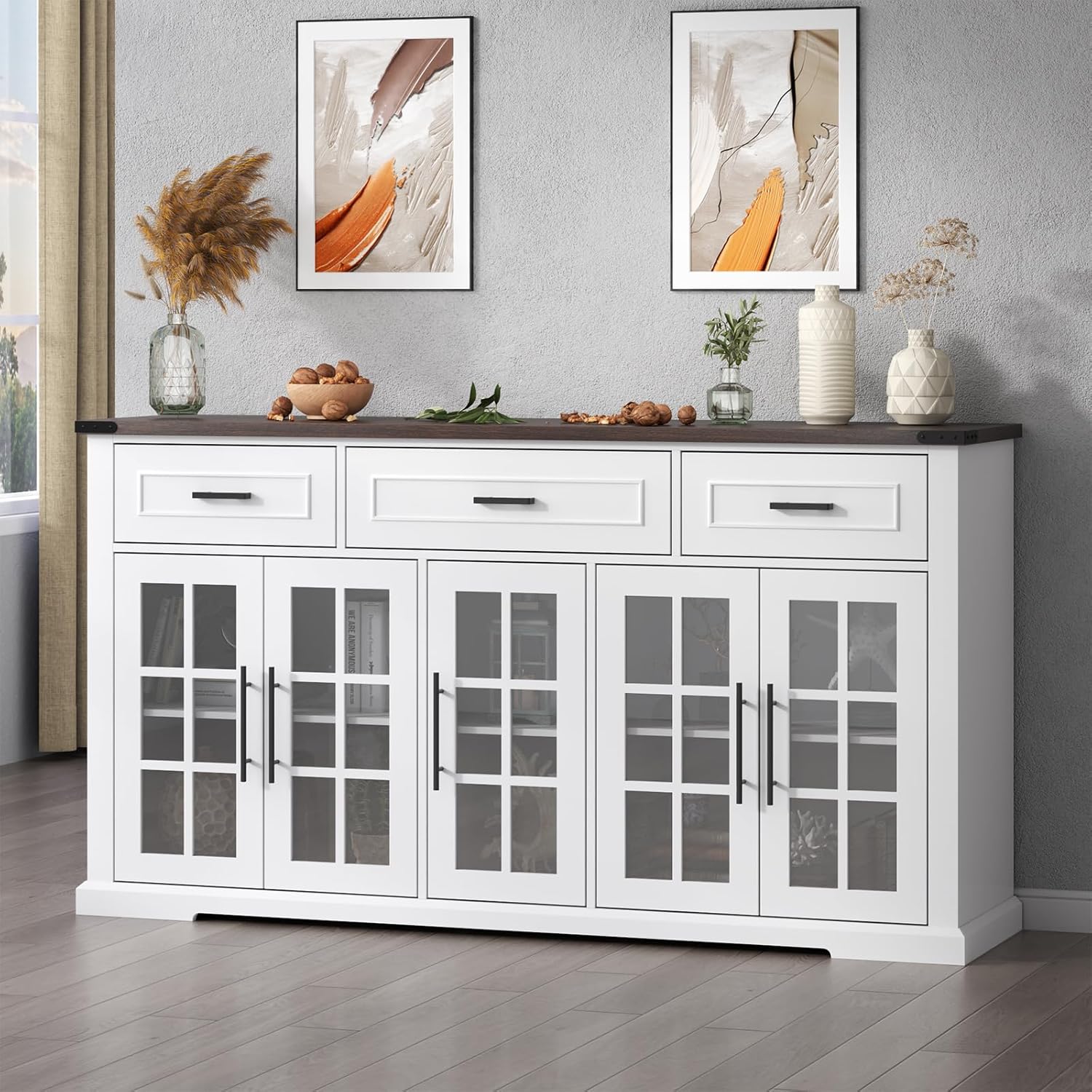 Gyfimoie 63" Sideboard Buffet Cabinet with Glass Doors, Farmhouse Large Buffet Table with 3 Storage Drawers, Modern Coffee Bar Wine Bar Cabinet with Adjustable Shelves for Kitchen, Dining Room, White