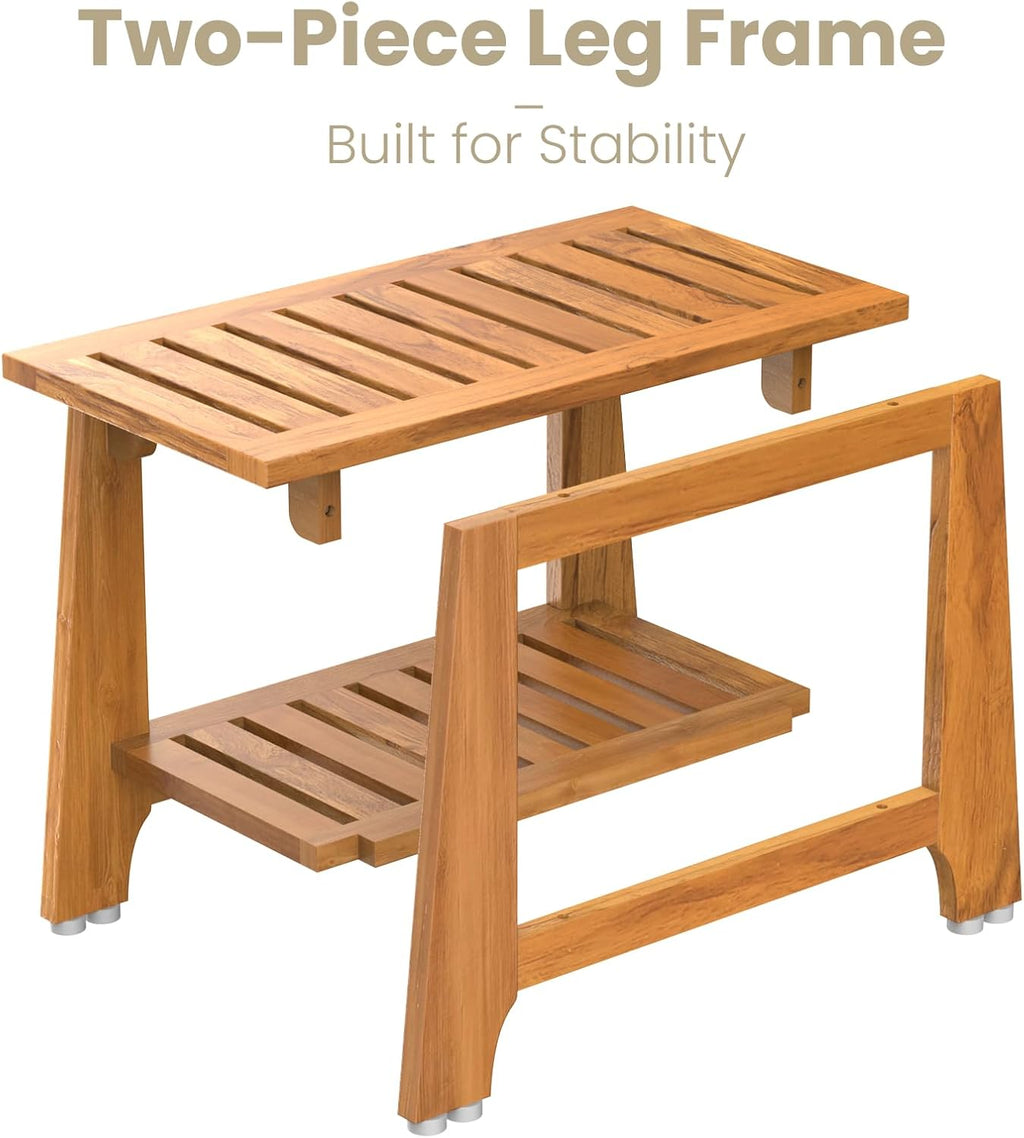 NNN 30" Commercial Teak Shower Bench - 8 Non-Slip Leveling Feet & 350 lbs Capacity | Rock-Solid Stability for Seniors & Spa Safety | Waterproof Design for Saunas/Outdoor Pools (Patented)