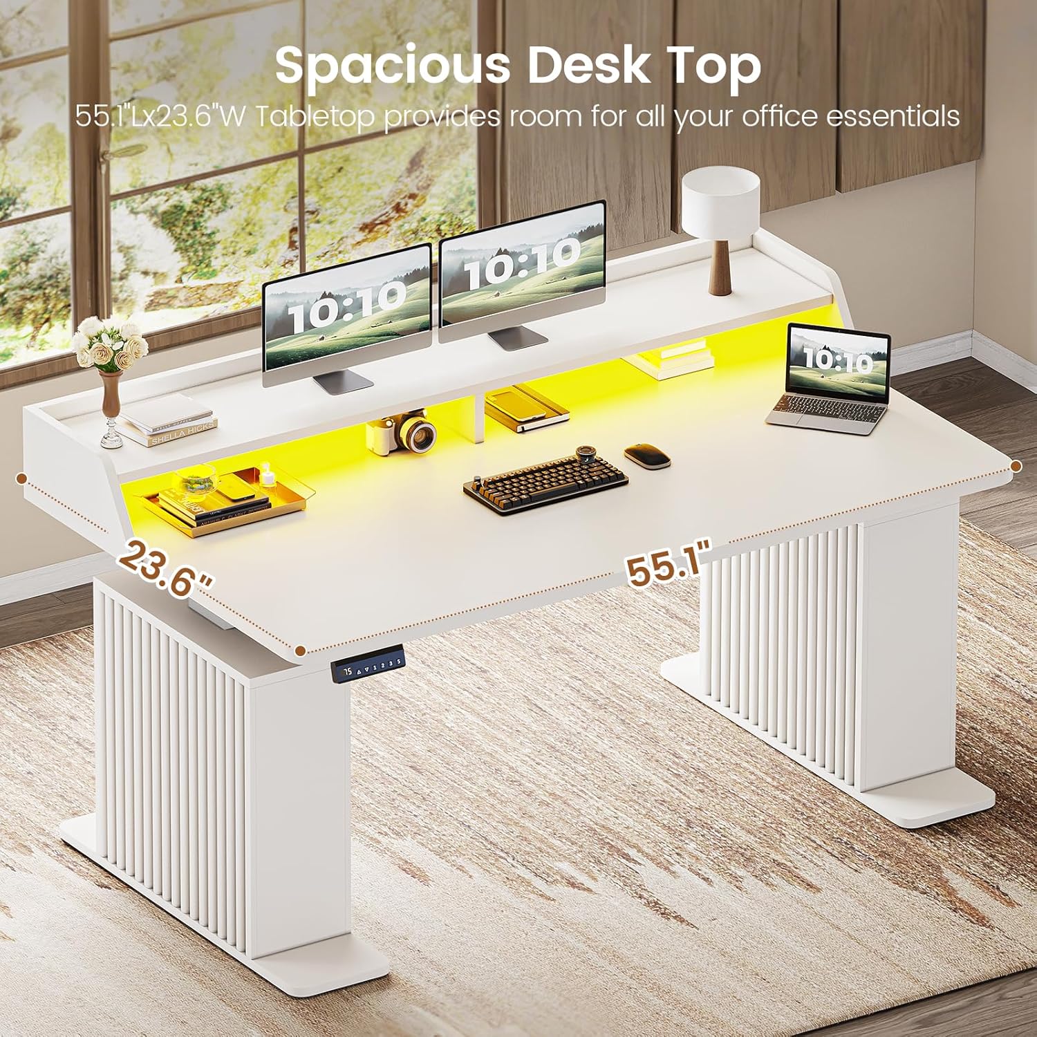 SEDETA Standing Desk with Storage, 55" Fluted Stand Up Desk with Power Outlets & LED Lights, Height Adjustable Table with Monitor Shelf for Home Office, Gaming, White