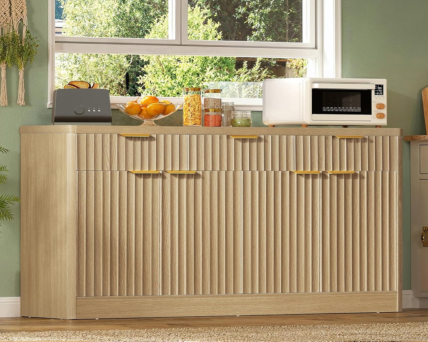 usikey Large Buffet Cabinet with Storage & Drawers, Sideboard Cabinet with 2 Adjustable Shelves & 4 Doors, Coffee Bar Station, Kitchen Storage Cabinets, Natural