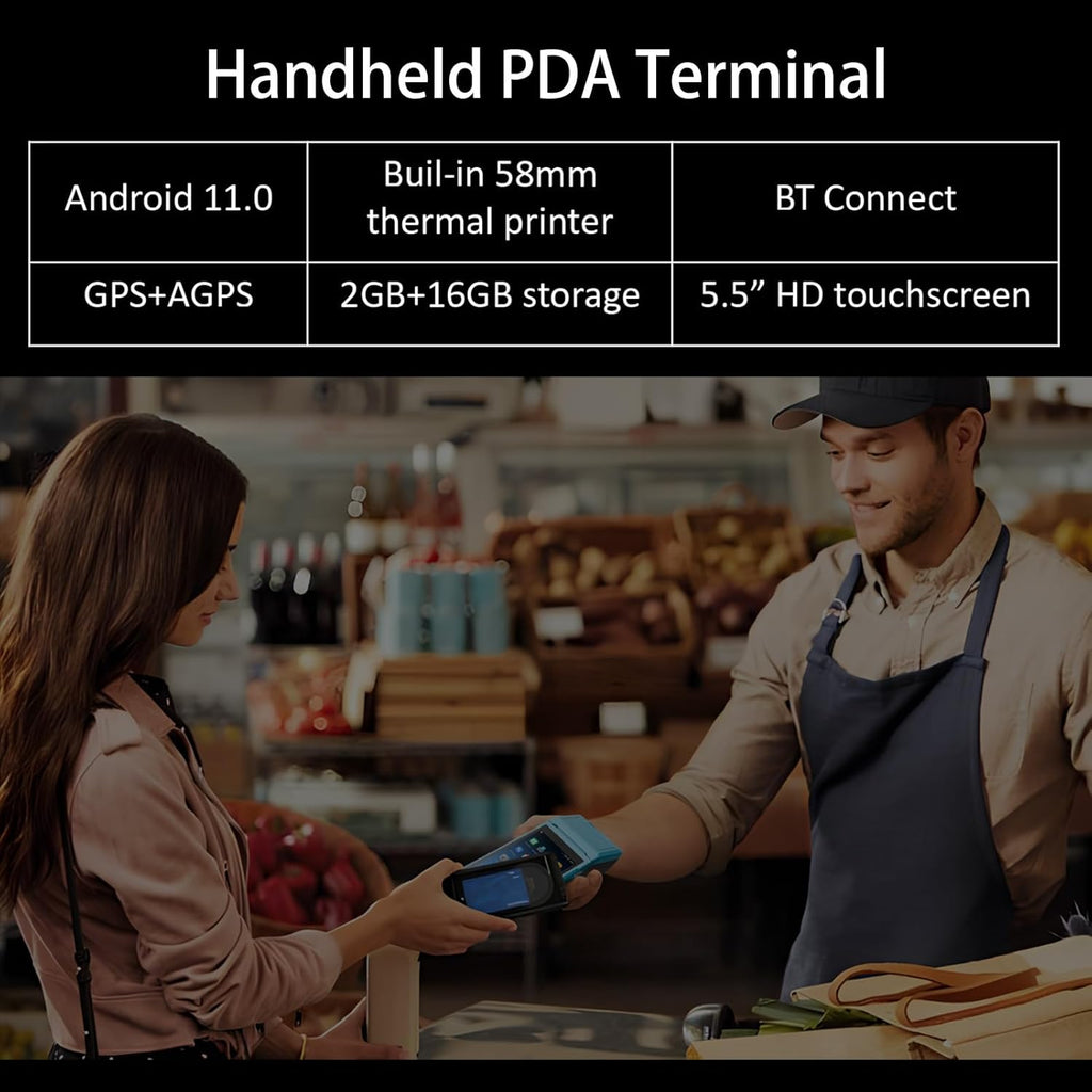 Compact for 11.0 PDA Handheld POS Terminal 2D Barcode Scanner Data Collector 4G WiFi BT Mobile with 58mm Thermal Printer for Retail Store (US Plug)