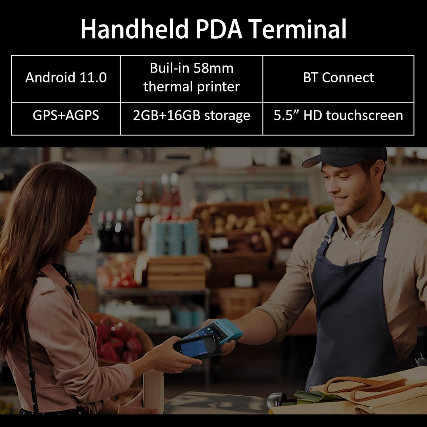 Compact for 11.0 PDA Handheld POS Terminal 2D Barcode Scanner Data Collector 4G WiFi BT Mobile with 58mm Thermal Printer for Retail Store (US Plug)