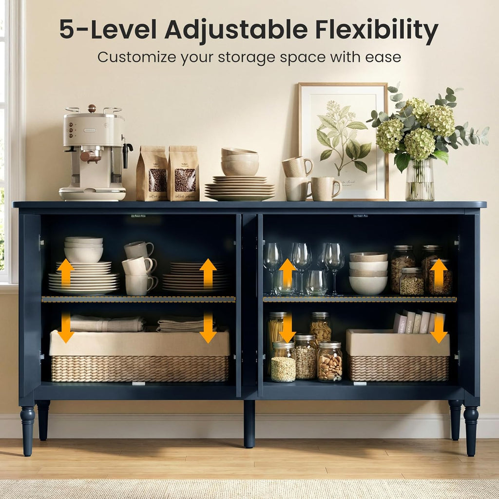 RoyalCraft Buffet Cabinet with Storage, Vintage Sideboard with Adjustable Shelves, Mid Century Modern Painted Credenza Coffee Bar for Kitchen, Dining Room, Entryway, Blue, 58.9" W x 16.5" D x 31.8" H