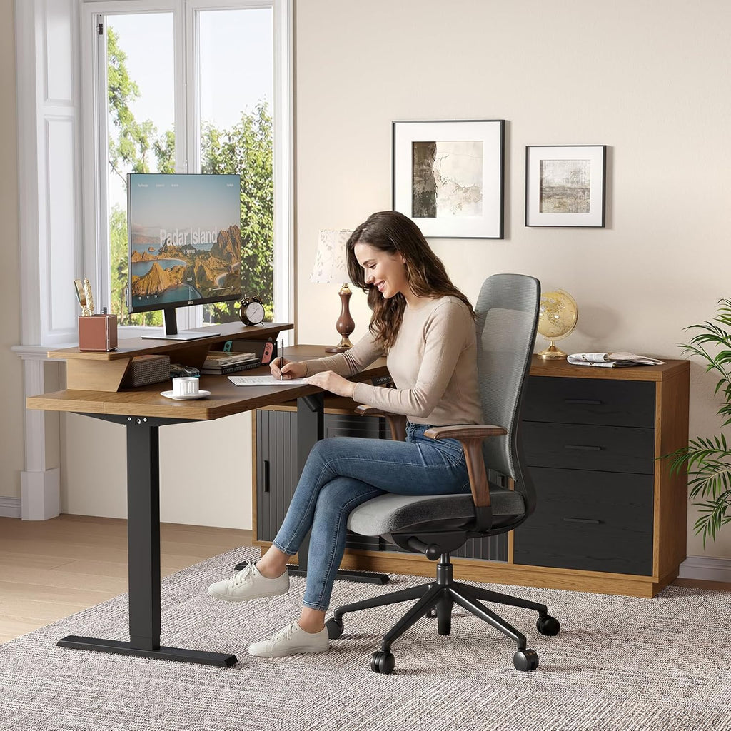 ONBRILL Home Office Furniture Set, 63'' Standing Desk with 55'' File Cabinet, Electric Height Adjustable Executive Workstation with Monitor Stand for Home Office Oak Brown