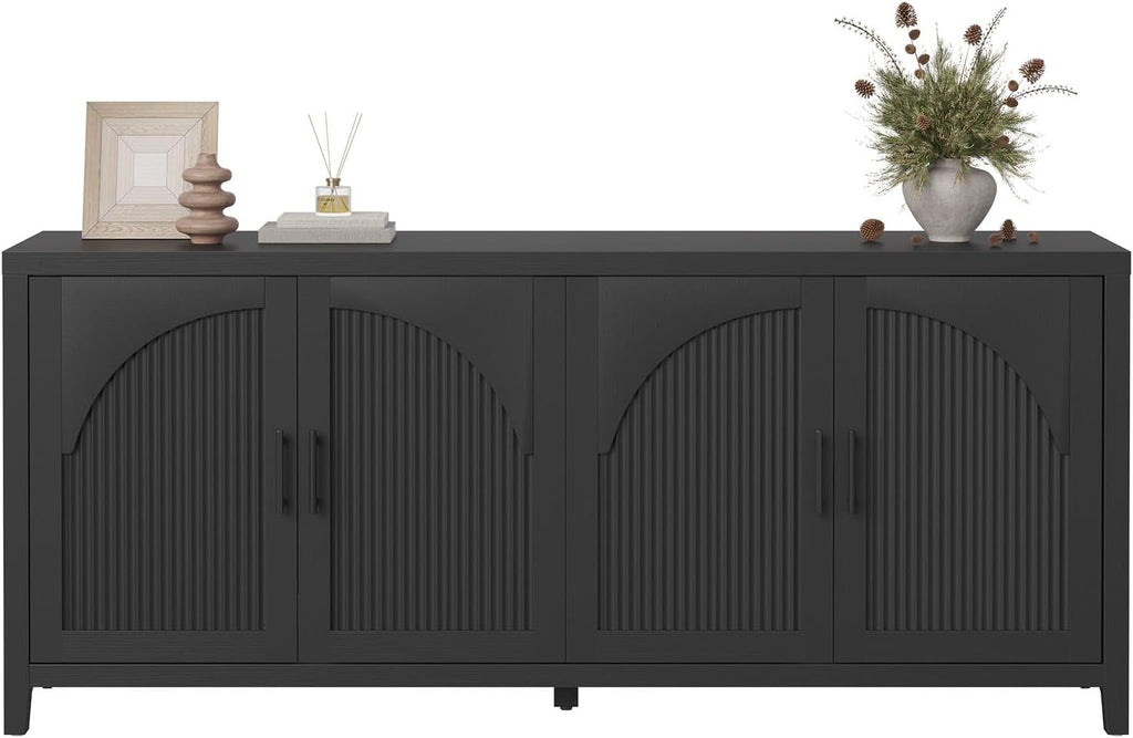 Bestier 70" Sideboard Buffet Cabinet with Storage, Modern Credenza Storage Cabinet, Farmhouse Arch Fluted Doors & Adjustable Shelves,Soild Wood Side Board Long Cabinet for Living Room, Entryway, Black
