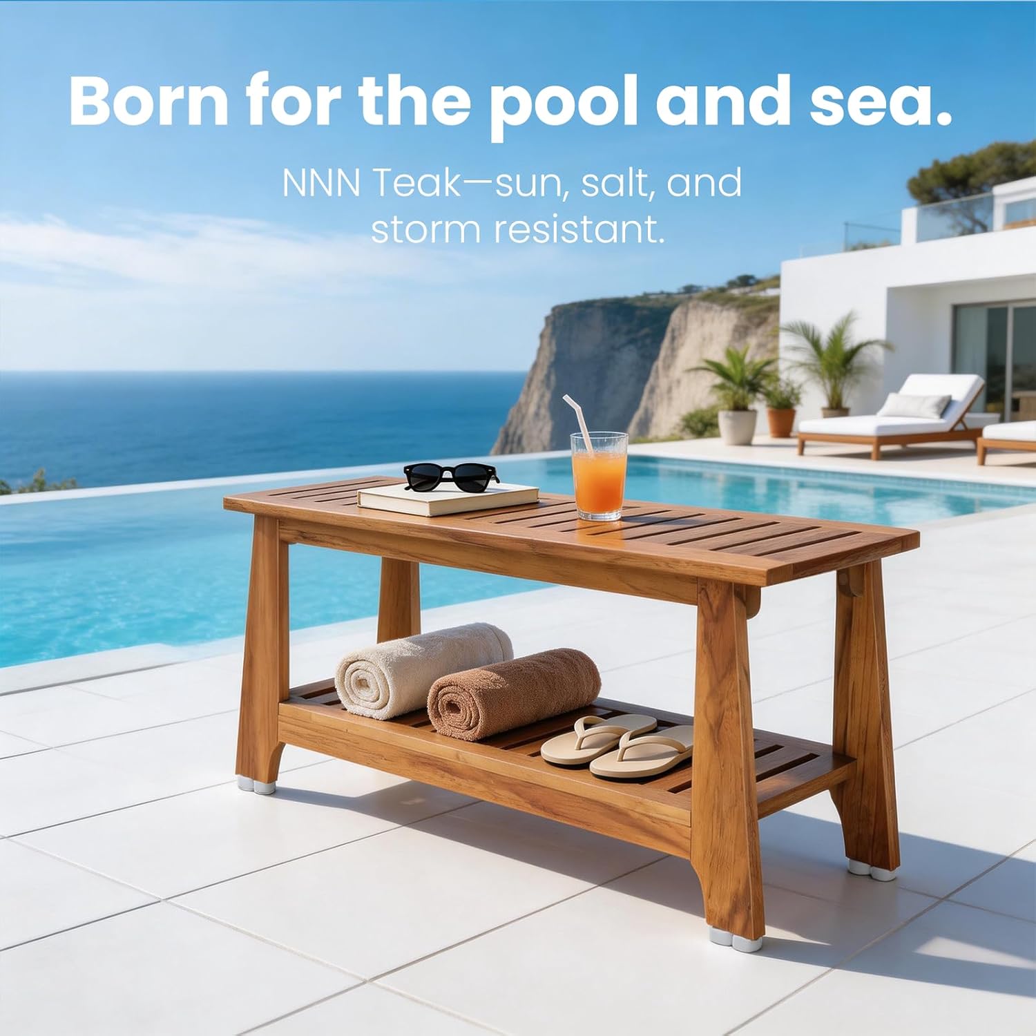NNN 30" Commercial Teak Shower Bench - 8 Non-Slip Leveling Feet & 350 lbs Capacity | Rock-Solid Stability for Seniors & Spa Safety | Waterproof Design for Saunas/Outdoor Pools (Patented)