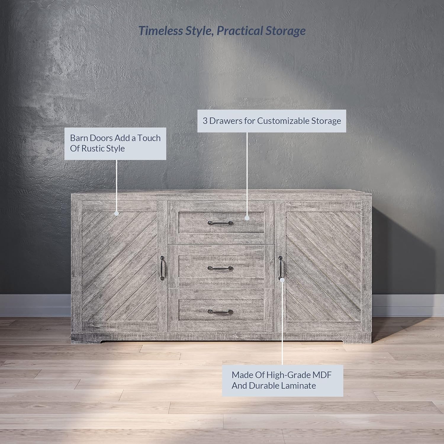 BELLEZE 60" Sideboard Buffet Cabinet, Console Table with Three Drawers & Two Storage Cabinet for Dining Room, Kitchen, and Living Room- Hilo (Gray Wash)