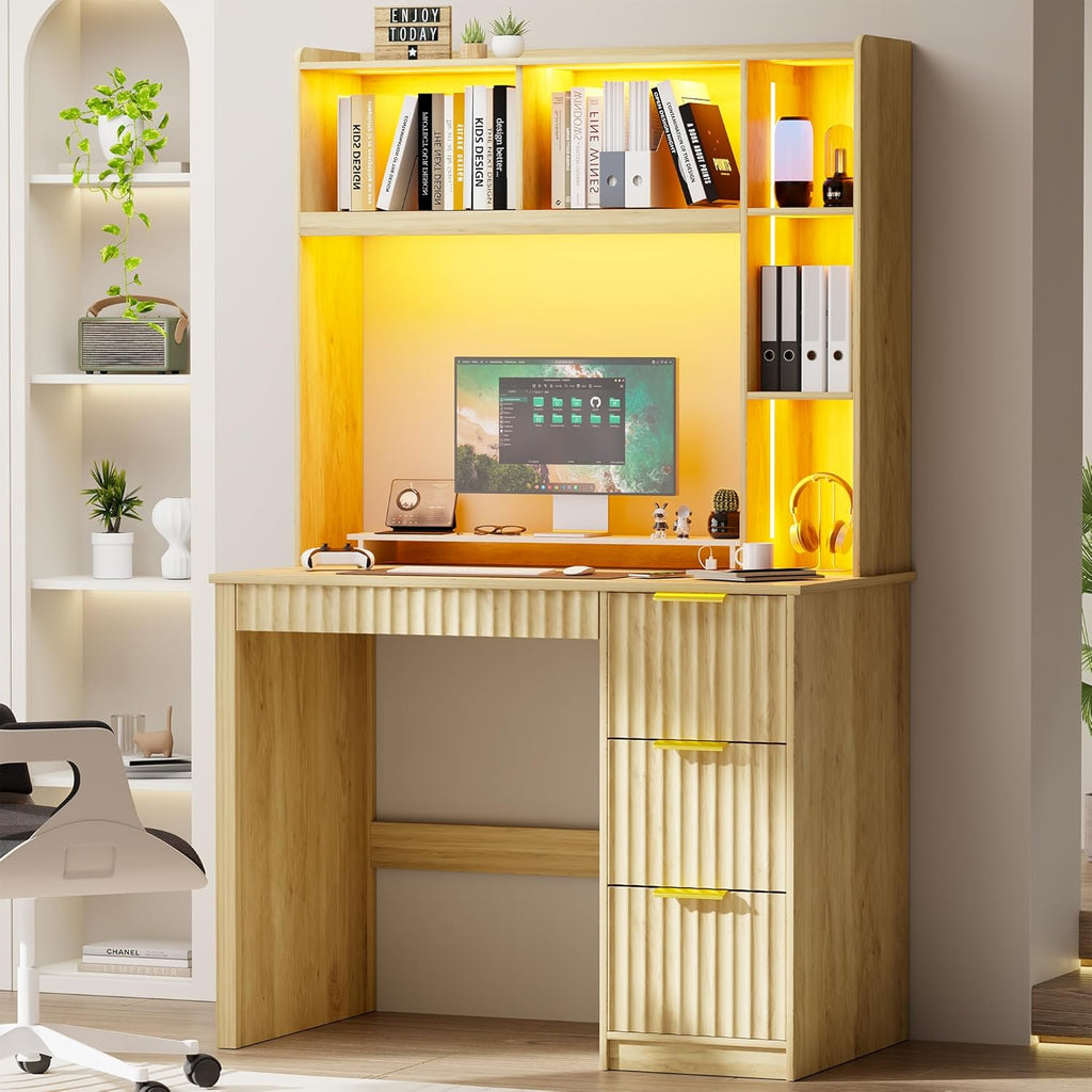 HNEBC Home Office Desk with Hutch and Drawers - 39" Standing Computer Desk with Charging Station&3 Color Lights,Hidden Compartment & Fluted Panel Design, LED Writing Desk for Bedroom, Study (Natural)