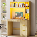 HNEBC Home Office Desk with Hutch and Drawers - 39" Standing Computer Desk with Charging Station&3 Color Lights,Hidden Compartment & Fluted Panel Design, LED Writing Desk for Bedroom, Study (Natural)