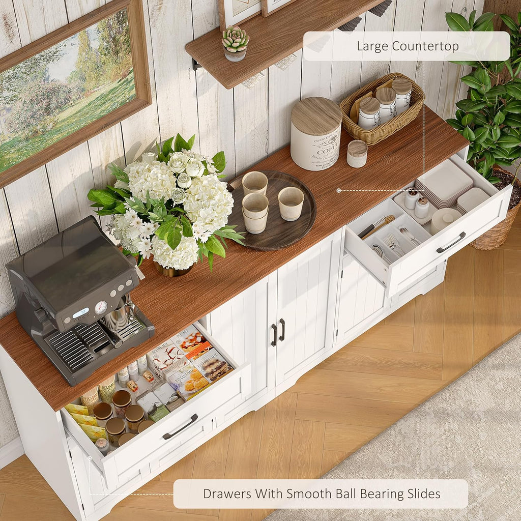 Whalefall 71" Farmhouse Sideboard Buffet Cabinet with Storage, Large Kittchen Credenza with 2 Drawers & 6 Doors, Modern Wooden Coffee Bar Cabinet for Kitchen Dining Room, White