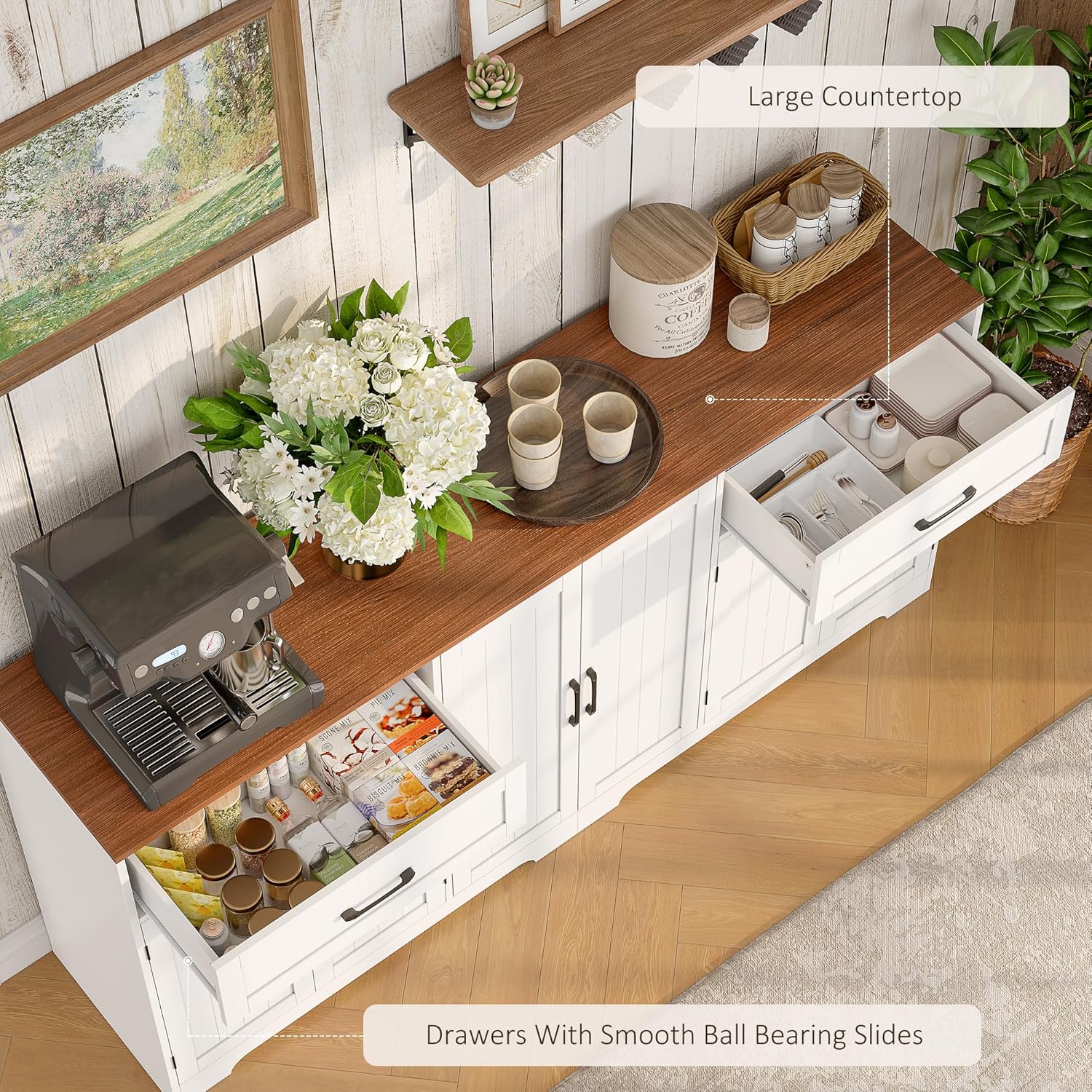 Whalefall 71" Farmhouse Sideboard Buffet Cabinet with Storage, Large Kittchen Credenza with 2 Drawers & 6 Doors, Modern Wooden Coffee Bar Cabinet for Kitchen Dining Room, White